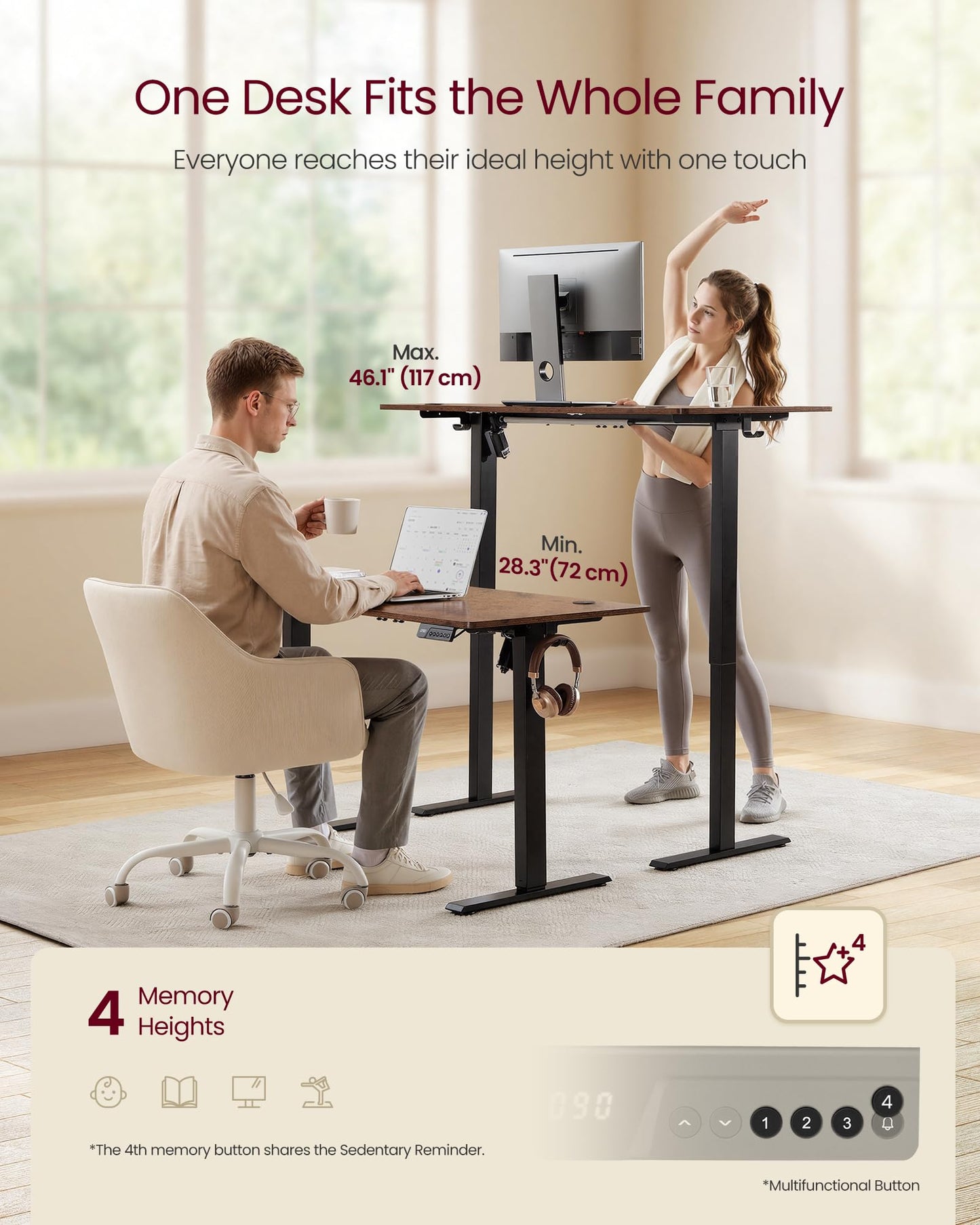 VASAGLE Electric Standing Desk, 47.2 x 23.6 Inches Height Adjustable Desk, Sedentary Reminder, 4 Memory Heights, for Home Office, Rustic Brown ULSD312KD020S