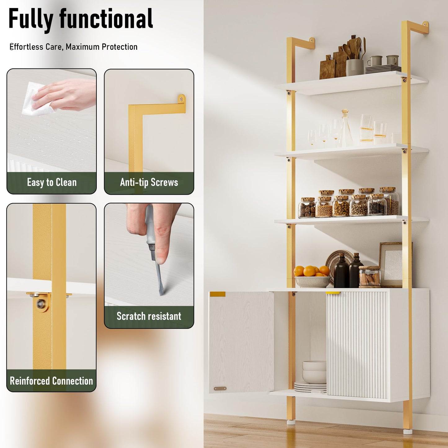 INNOD 74" Tall Bookshelf with Storage Cabinet, Modern Ladder Shelf with Wood and Metal Frame, Wall Mount Bookcase Open Display Shelf Furniture for Living Room, Bedroom, Home Office, Gold