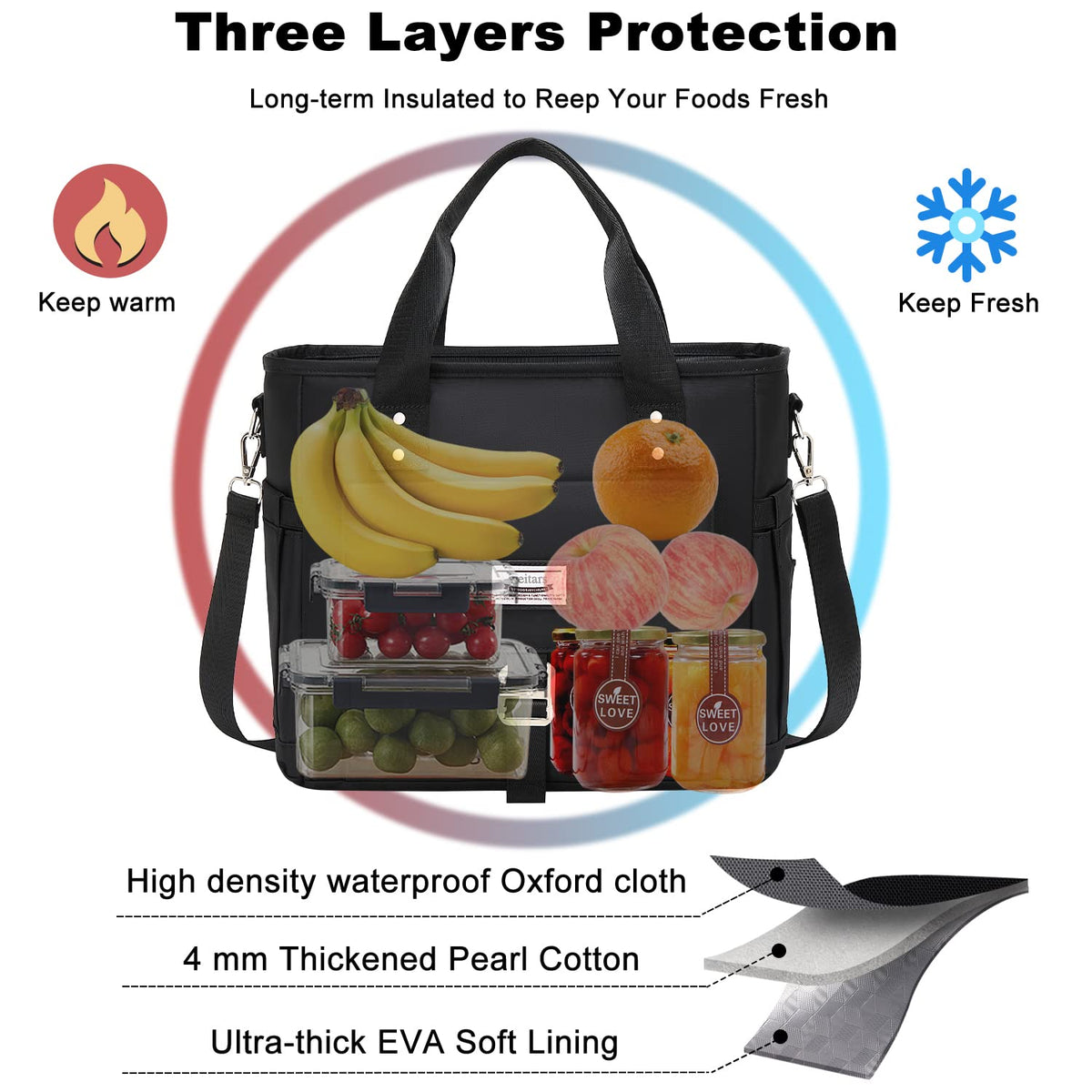 Weitars Insulated Lunch Bag for Men Women,Leak Proof Lunch Box for Work,Extra Large Lunch Tote Bag With Removable Shoulder Strap with Side Pockets,Reusable Lunch Cooler Purse For Picnic Hiking