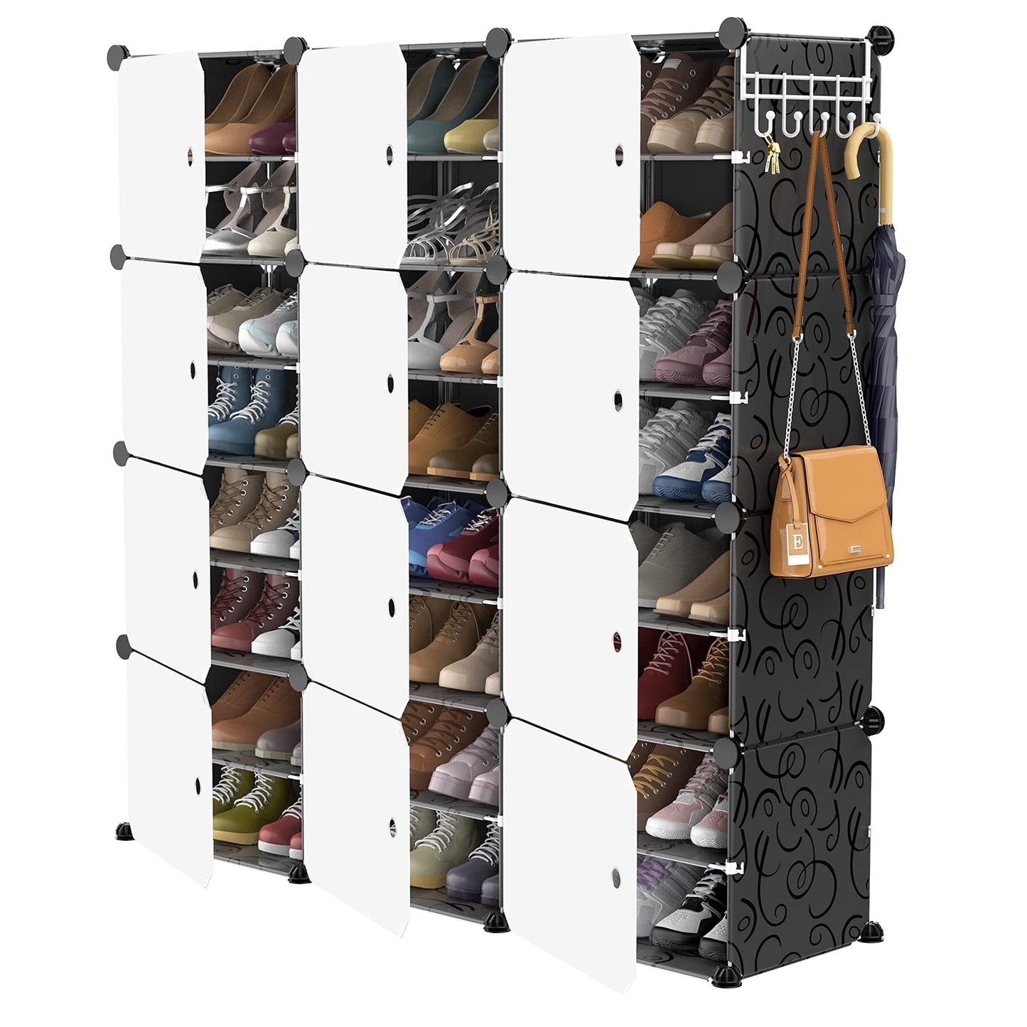 VTRIN Portable Shoe Rack Organizer - 48 Pair Tower, 4 Tiers for Entryway Shelf Storage - Cabinet Stand for Heels, Boots, Slippers - Narrow Standing Stackable Space Saver - Black White