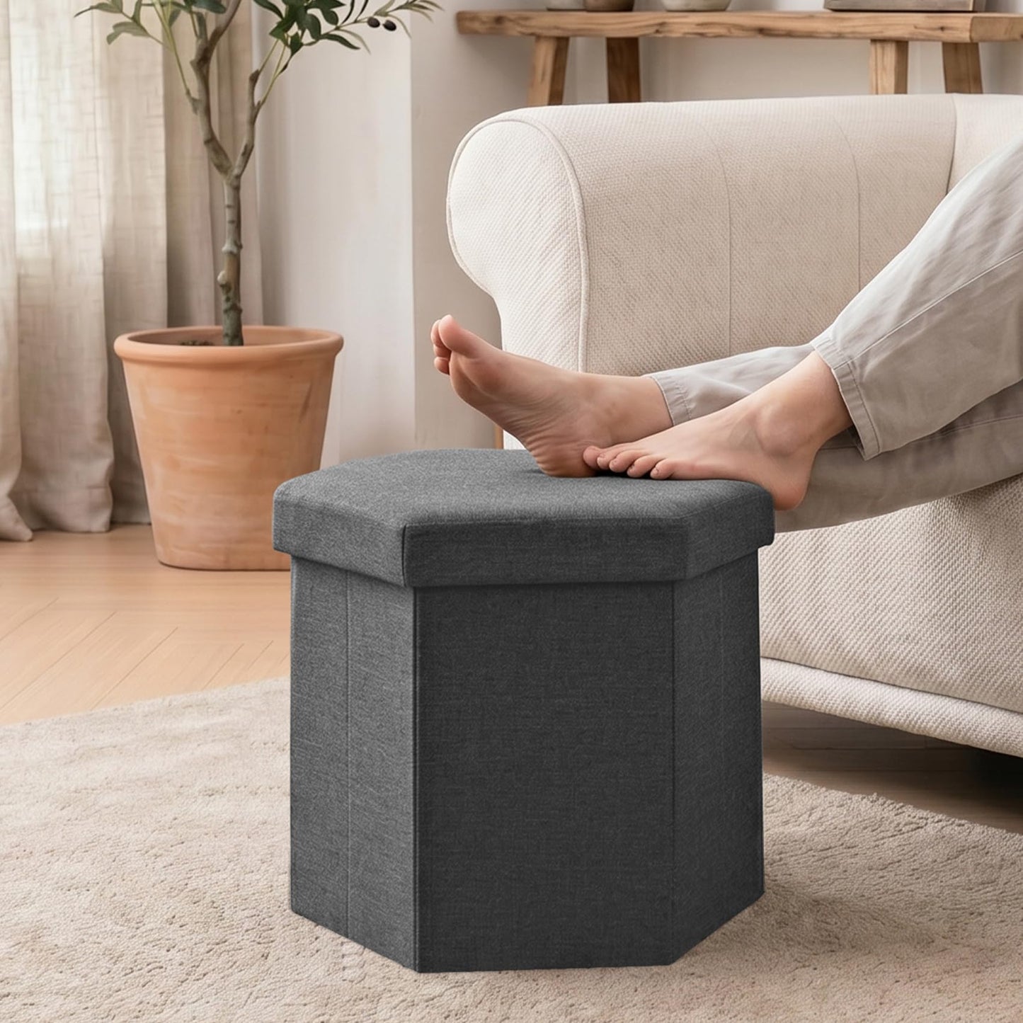 ZOLANOful Hexagon Storage Ottoman, Foldable Linen Footrest with Hidden Storage, Upholstered Ottoman Footstool for Living Room, Bedroom, Dorm, Entryway, 15 x 16.9 x 15 Inches, Grey