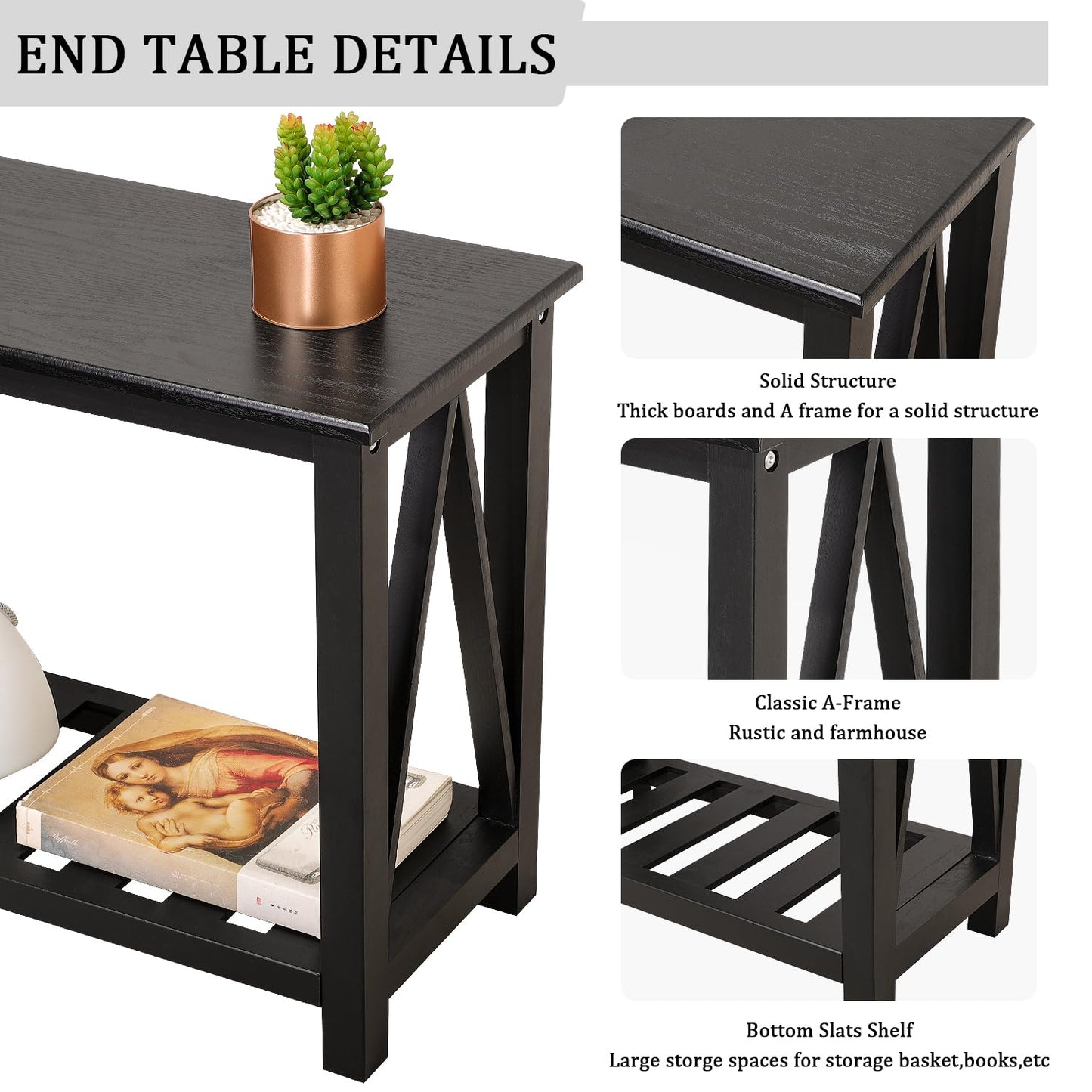 Narrow Side Table with Storage Shelf 2 Tier Wooden Nightstand Bedside Tables for Small Spaces Black Modern Accent Sofa Side Tables for Couch Living Room Bedroom Entryway