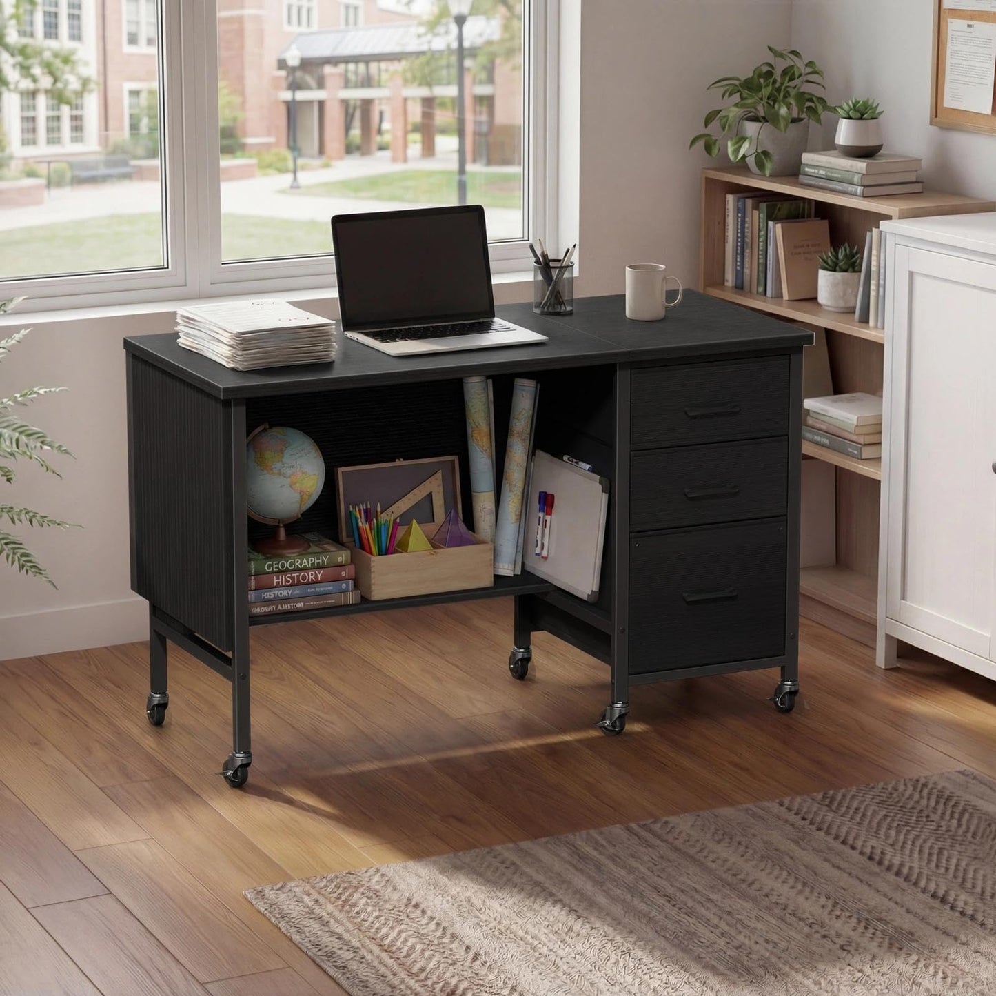 Rolling Teacher Desk with File Drawer & Privacy Panel, 47" Mobile Computer Desk with 3 Storage Drawers on Wheels, Modern Office Desks with File Cabinet for Classroom & Home Office, Black