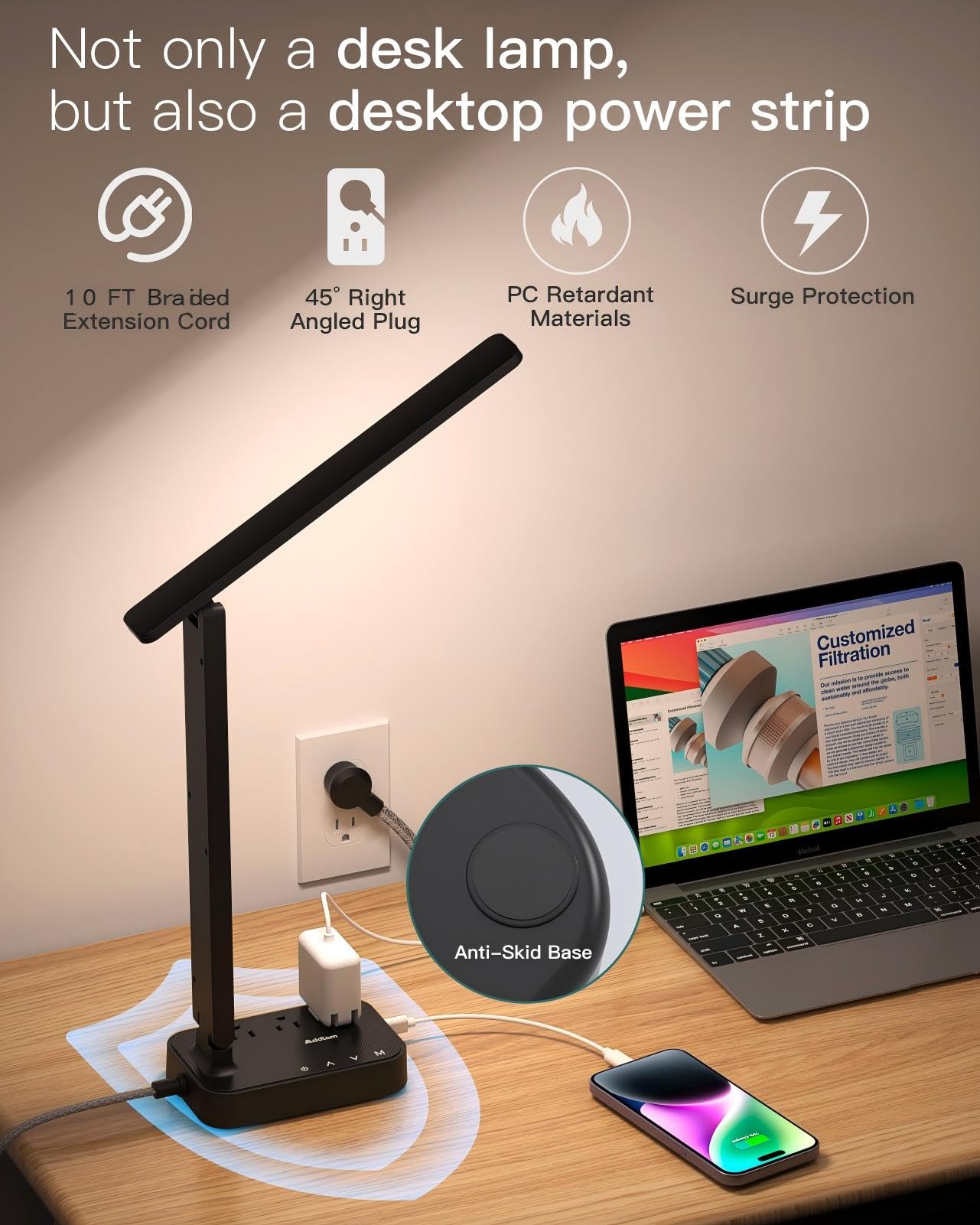 Addtam LED Desk Lamp, Power Strip with 3 Outlets 4 USB Charging Ports(2 USBC), 4 Modes 5 Level Brightness Touch Lamp, Small Desk Lamp for Home Office College Dorm Room Essentials, 10 FT