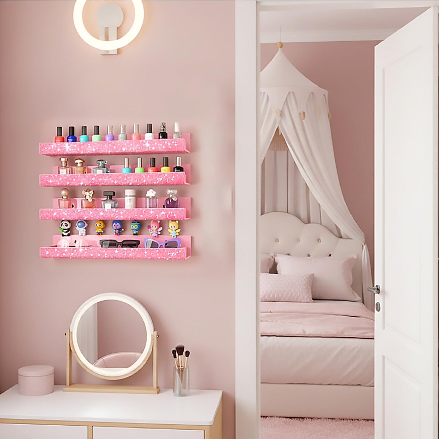 4 Pack 15 Inch Nail Polish Organizer，Diamond Crystal Rhinestone Acrylic Nail Polish Organizer，Sunglasses Essential Oil Picture Display Storage Pink