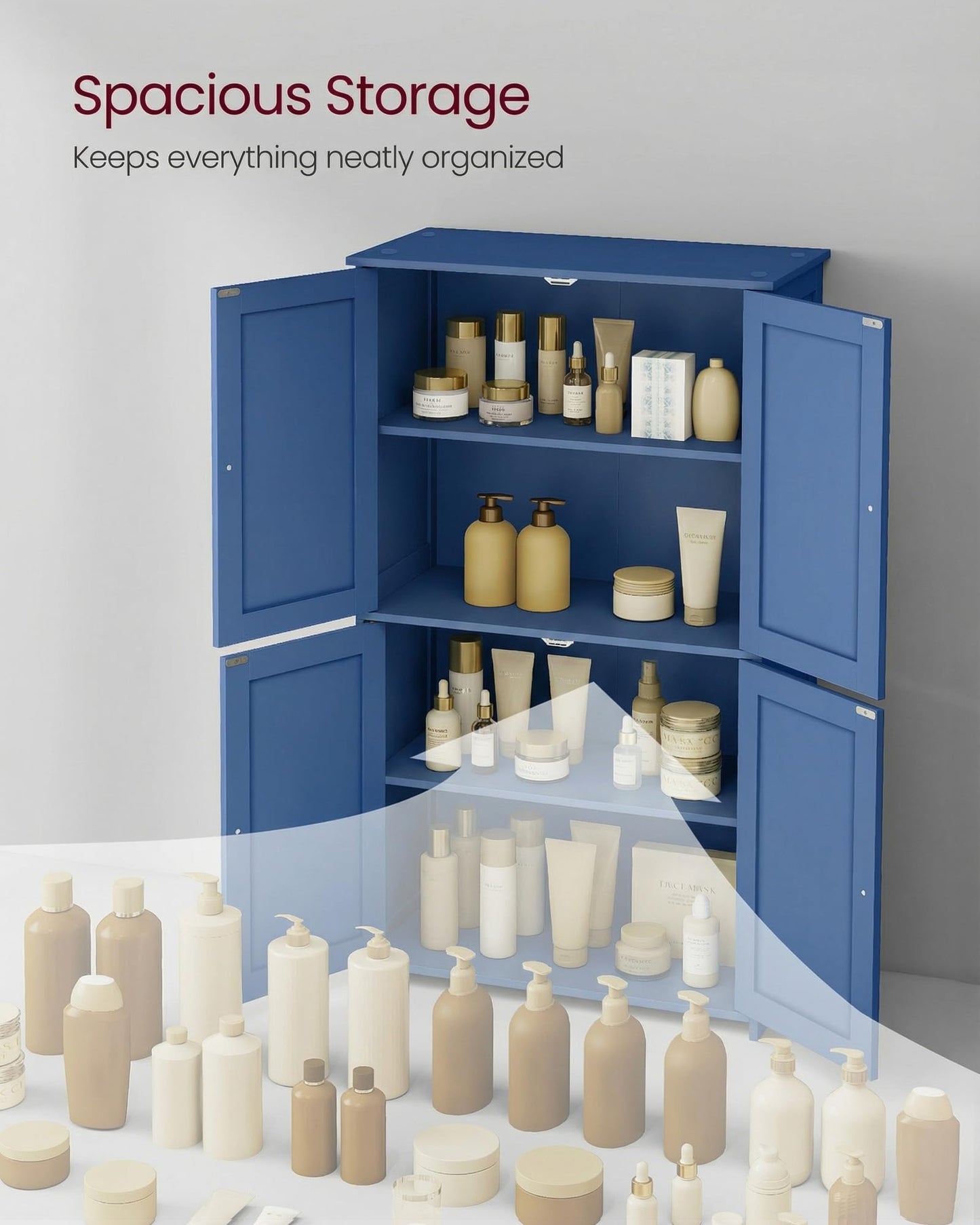 VASAGLE Floor Storage Cabinet, Shaker Cabinet with 2 Adjustable Shelves, 4 Doors, Tall Freestanding Organizer Unit, for Kitchen Bathroom Living Room, Bijou Blue UBBC553QE01S