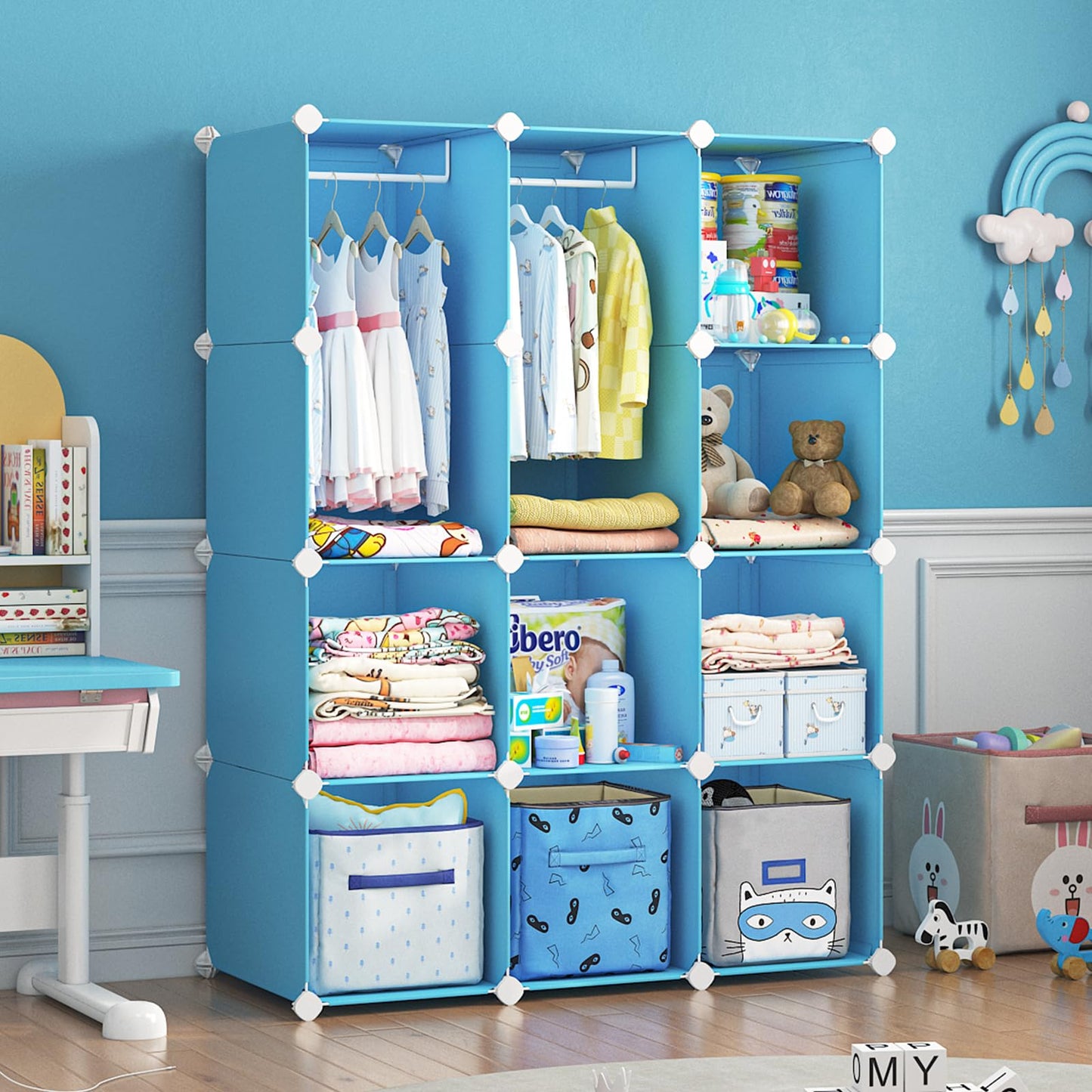 VIPZONE Baby Dresser, Kids Closet Organizers, Portable Kids Wardrobe for Closet, Bedroom, Nursery, Cubby, Cabinet, Clothes, Dress, Baby Storage Shelf, Armoire Clothes Hanging (Blue)