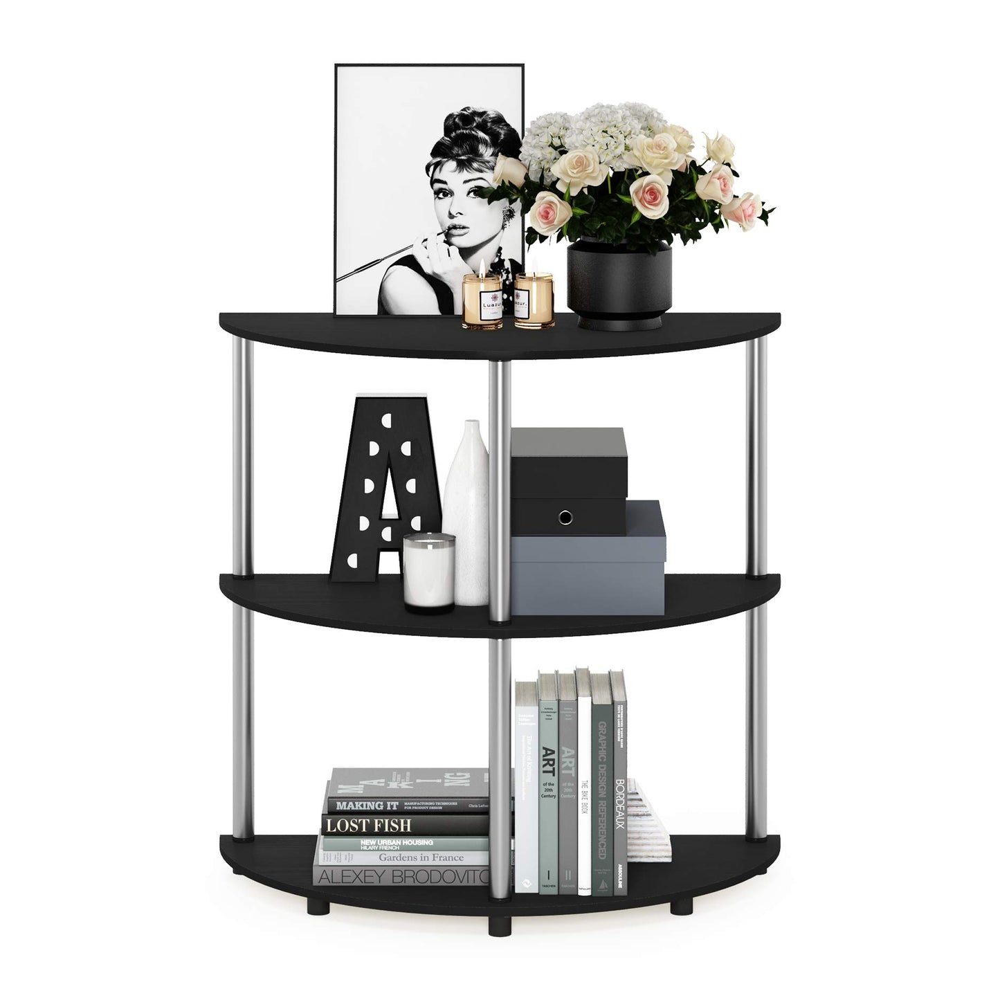 Furinno Frans Turn-N Half Round Console Table with Stainless Steel Tubes, Black Oak 15.6D x 31.1W x 30.8H in