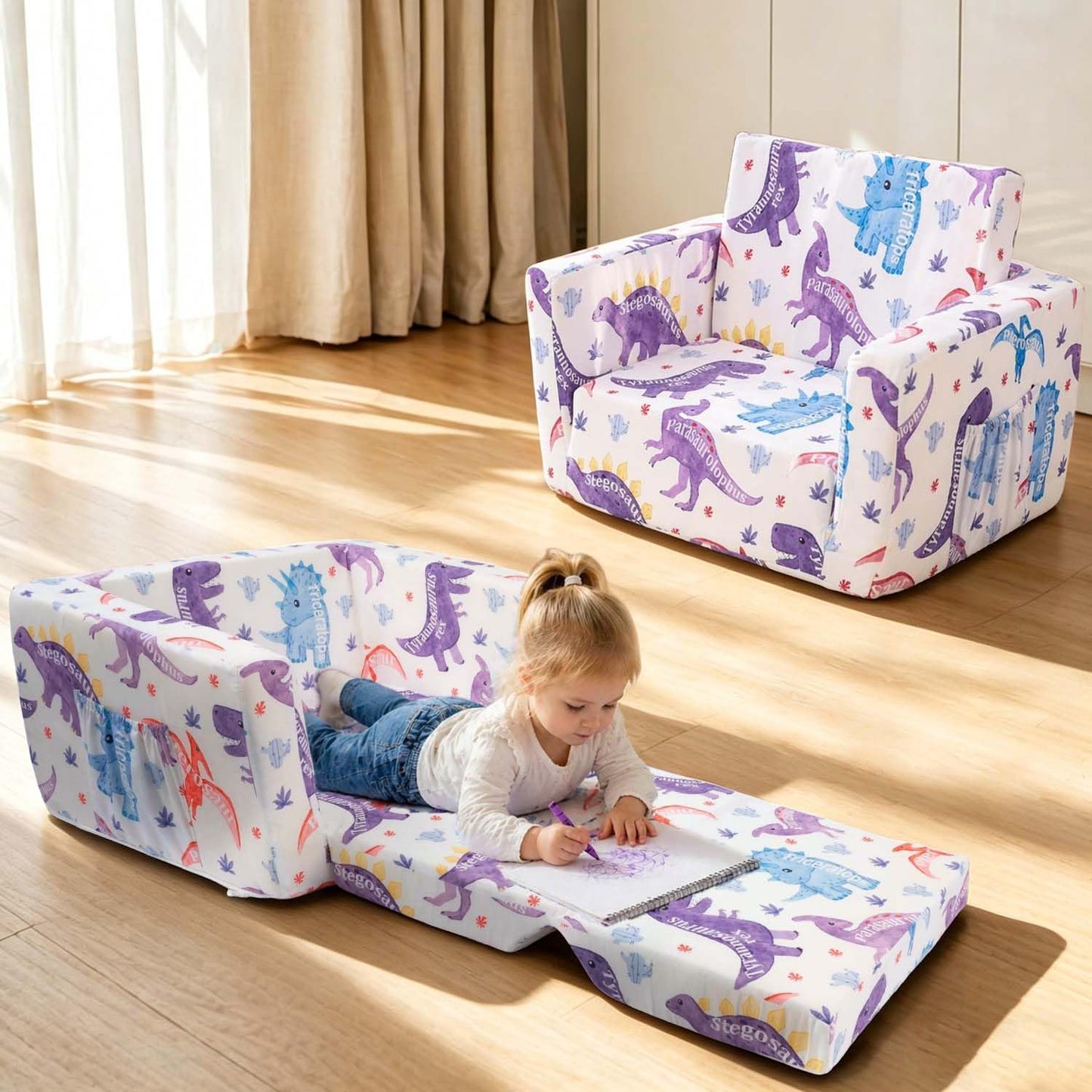 Beavtaens Kids Couch, 2-in-1 Kids Fold Out Couch, Convertible Sofa to Lounger for Girls and Boys, Soft Toddler Chairs Comfy 1-3 Years Old - White Dinosaur