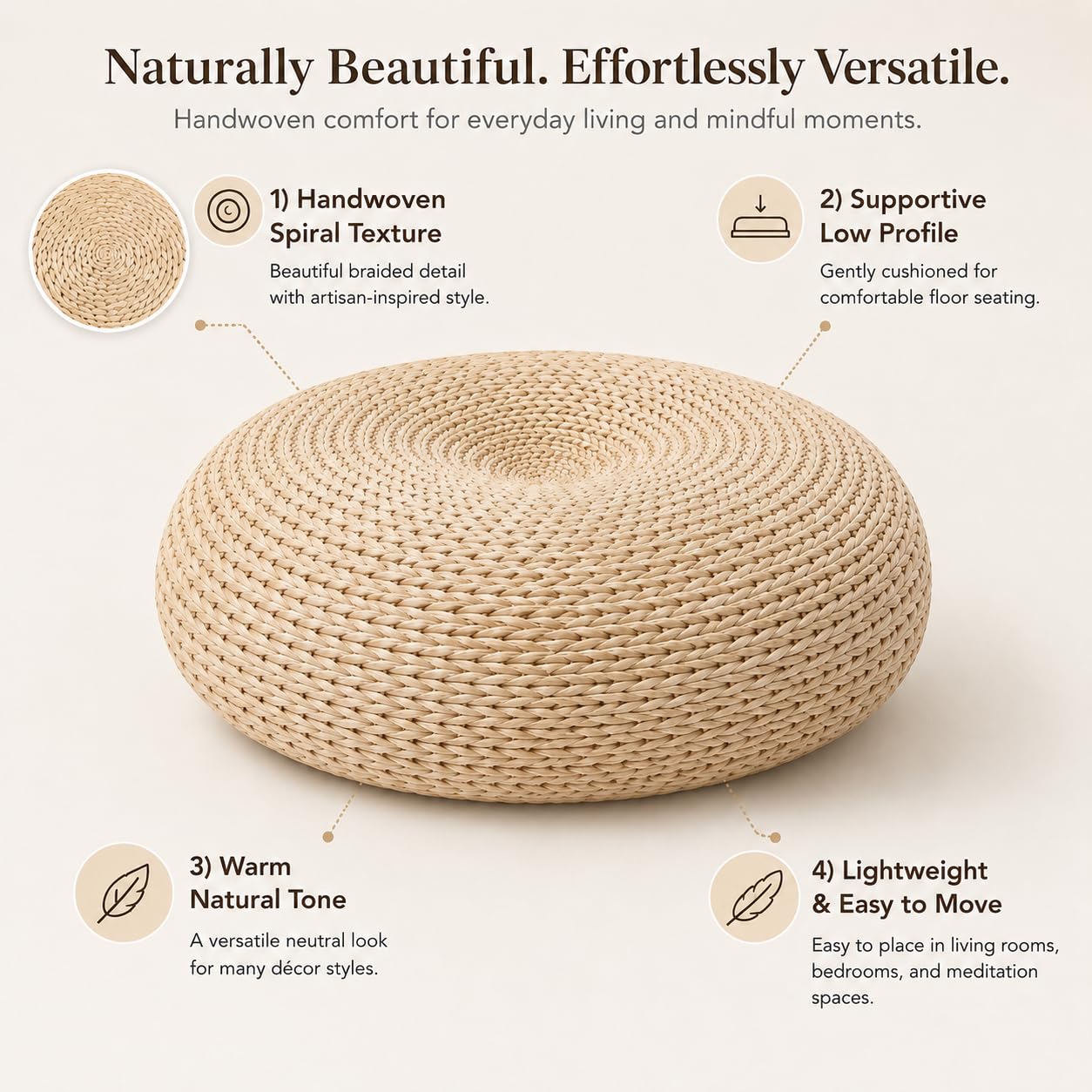 Round Rattan Floor Cushion, Handwoven Wicker Ottoman Foot Stool, Boho Meditation Seat for Living Room & Bedroom, 19.7" Dia x 6.7" H