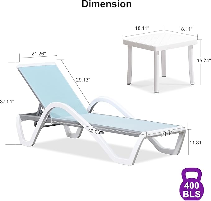 PURPLE LEAF Patio Chaise Lounge Chair Set of 3 Outside Aluminum Plastic