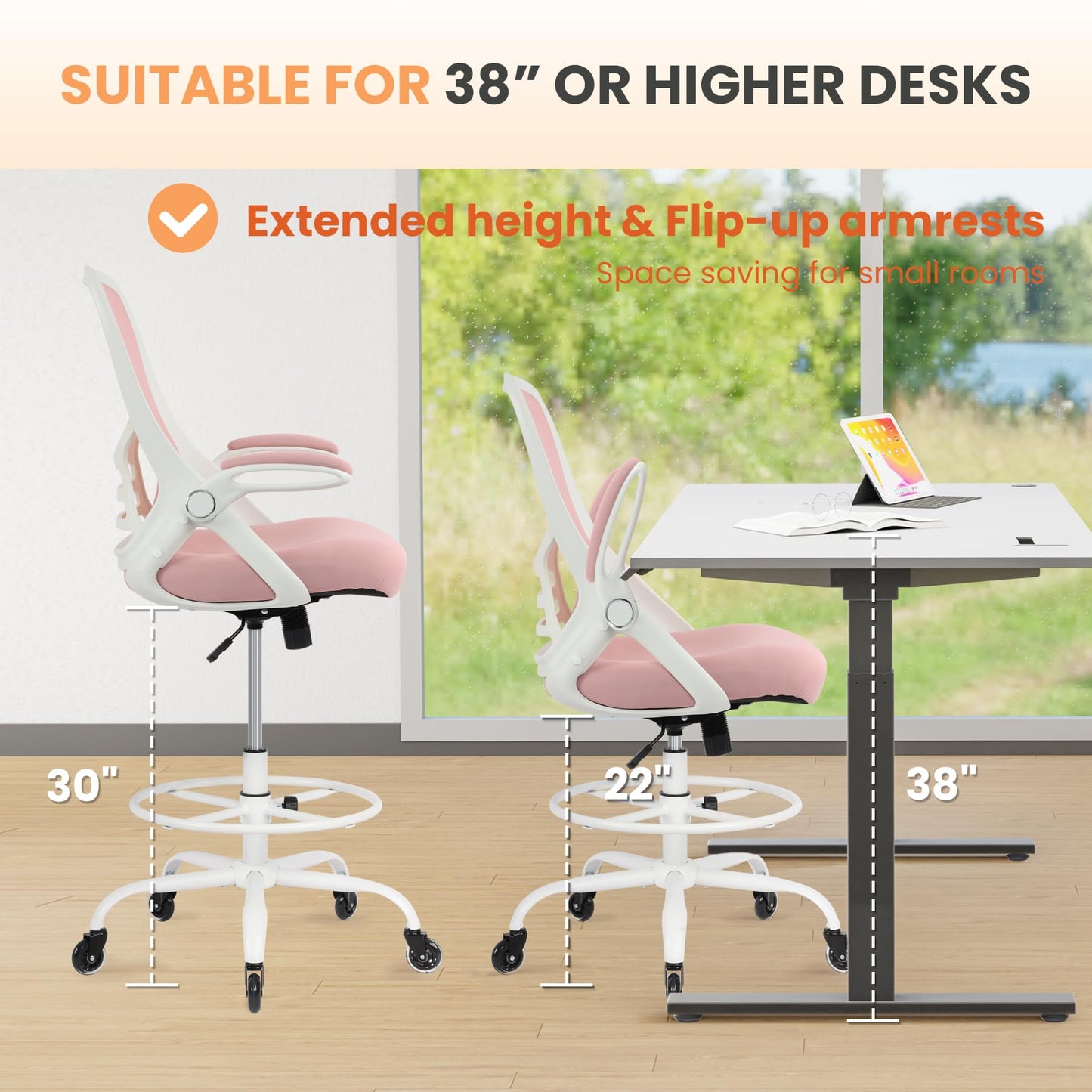 HYLONE Drafting Chair Tall Office, Ergonomic Standing Desk Stool Adjustable Big and Tall Drafting Office Chair with Flip-Up Armrests, Mesh, Pink