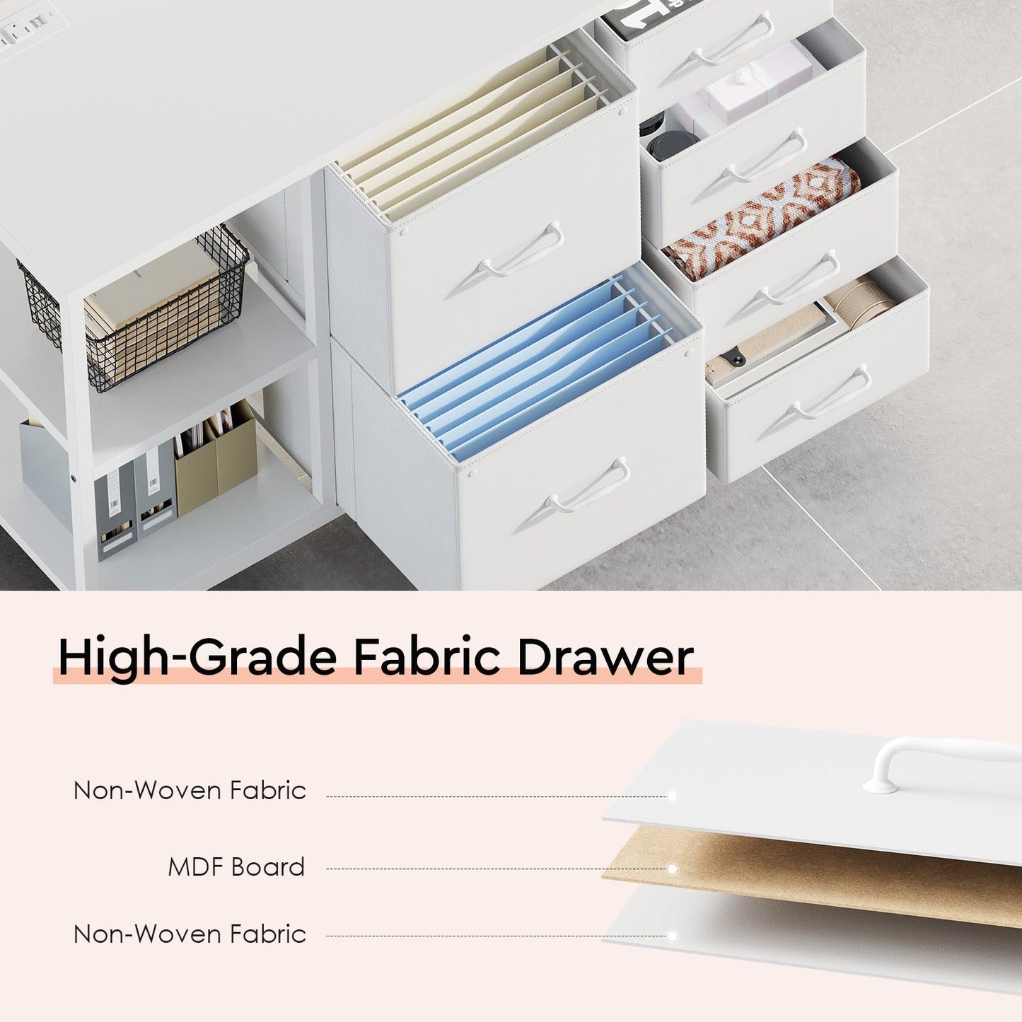 Maihail 6 Drawer File Cabinet with Charging Station Rolling Printer Stand with Open Storage Shelf Fabric Lateral Filing Cabinet for Home Office,White