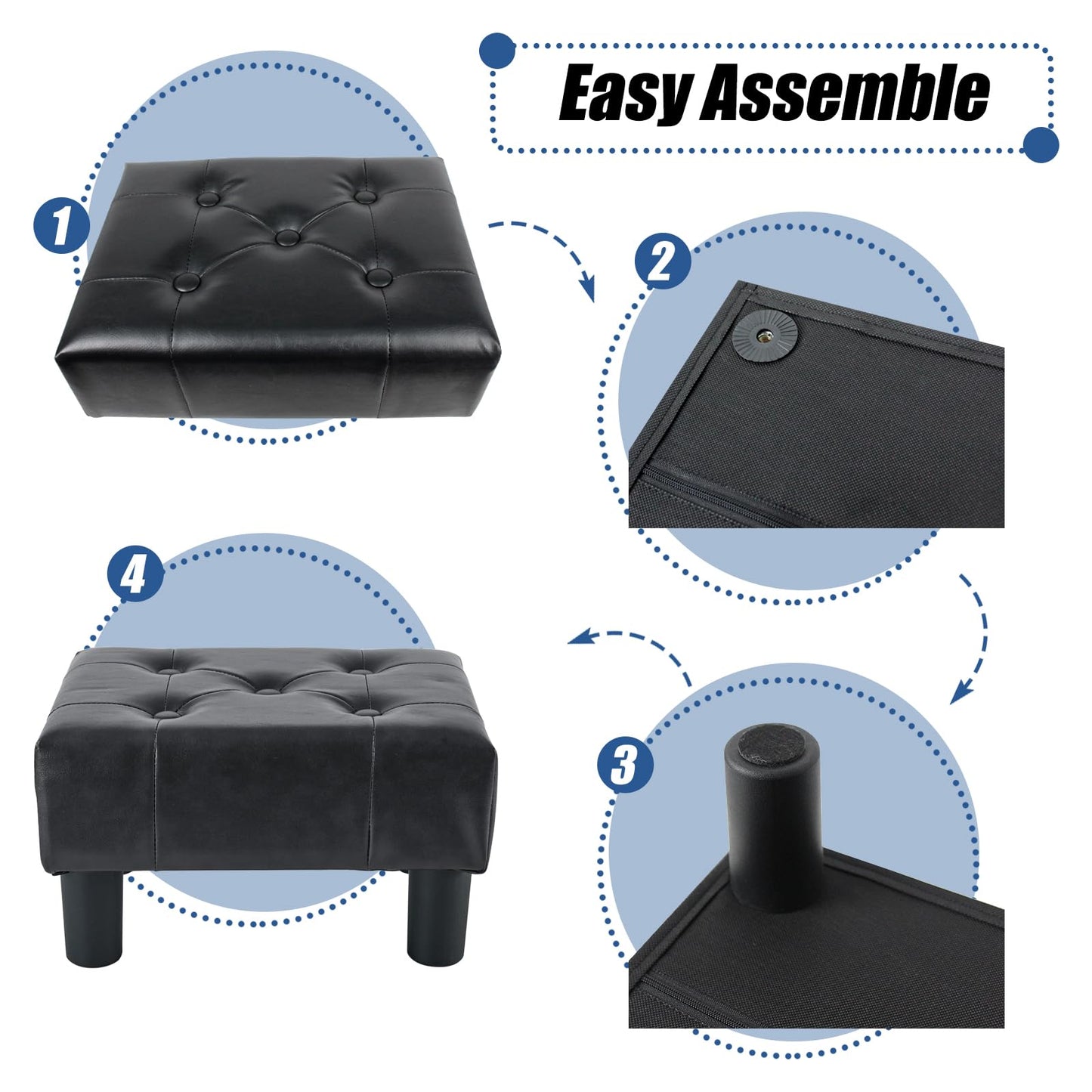 BRIAN & DANY Small Foot Stool, Leather Foot Stools with Legs, Stable Small Footstool for Living Room, Black