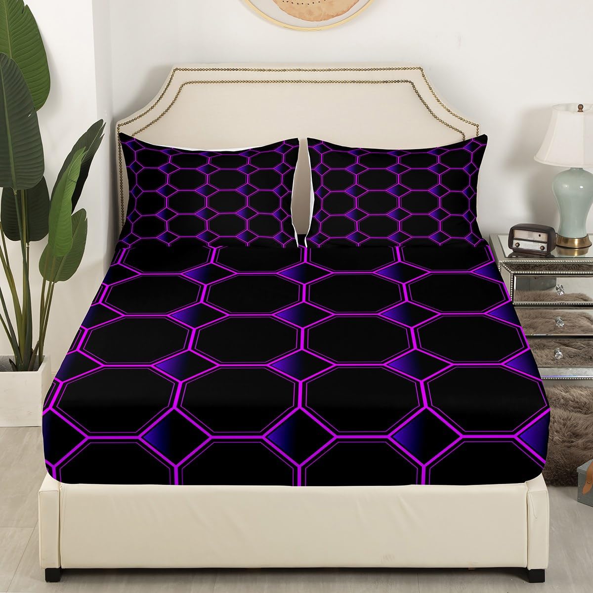 Honeycomb Bed Sheets Set Queen Size Geometric Hexagonal Beehive Sheet Set for Boys,3D Stereoscopic Purple Hexagon Sheets,Neon Simplistic Geometrical Black Room Decor