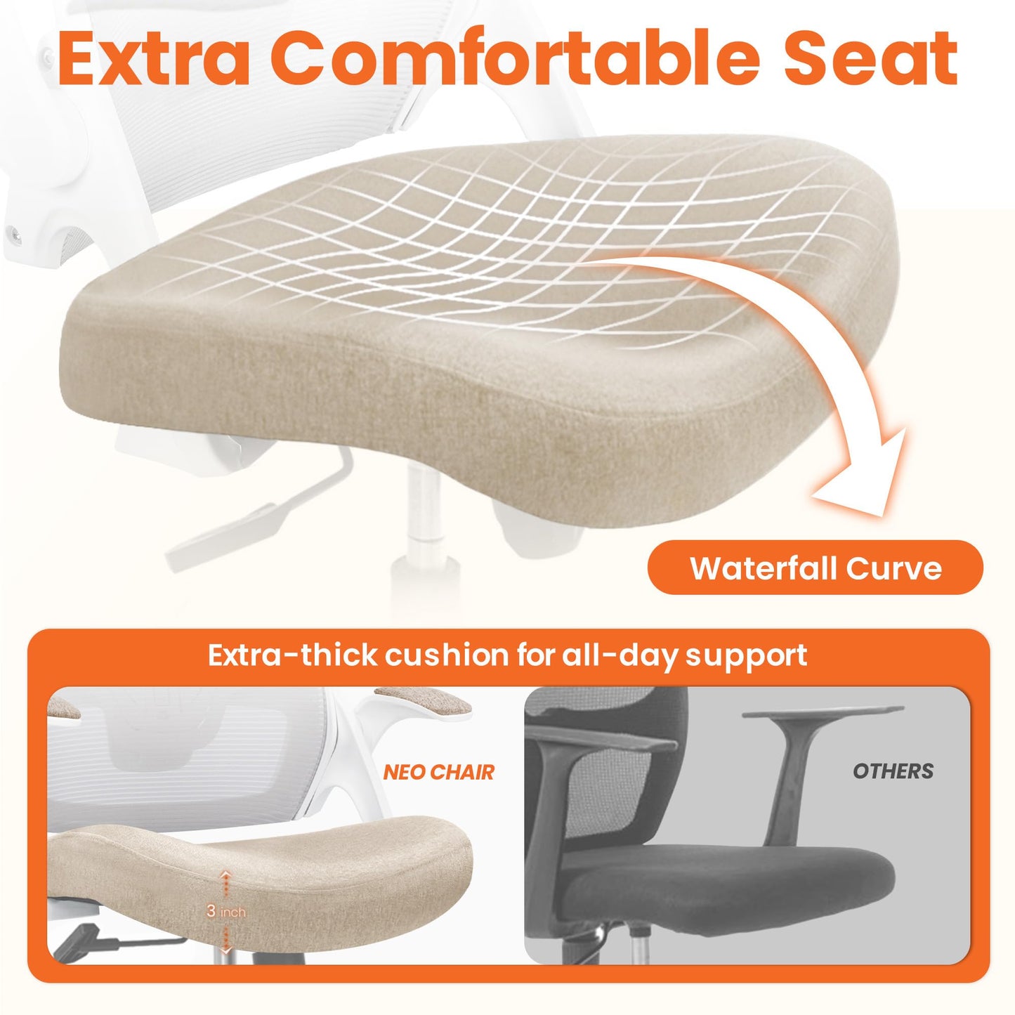 NEO CHAIR Office Desk Gaming Chair Computer High Back Mesh Seat with Rolling Wheels Ergonomic Adjustable Comfy Flip-up Armrests Lumbar Support Height for Home (Beige)