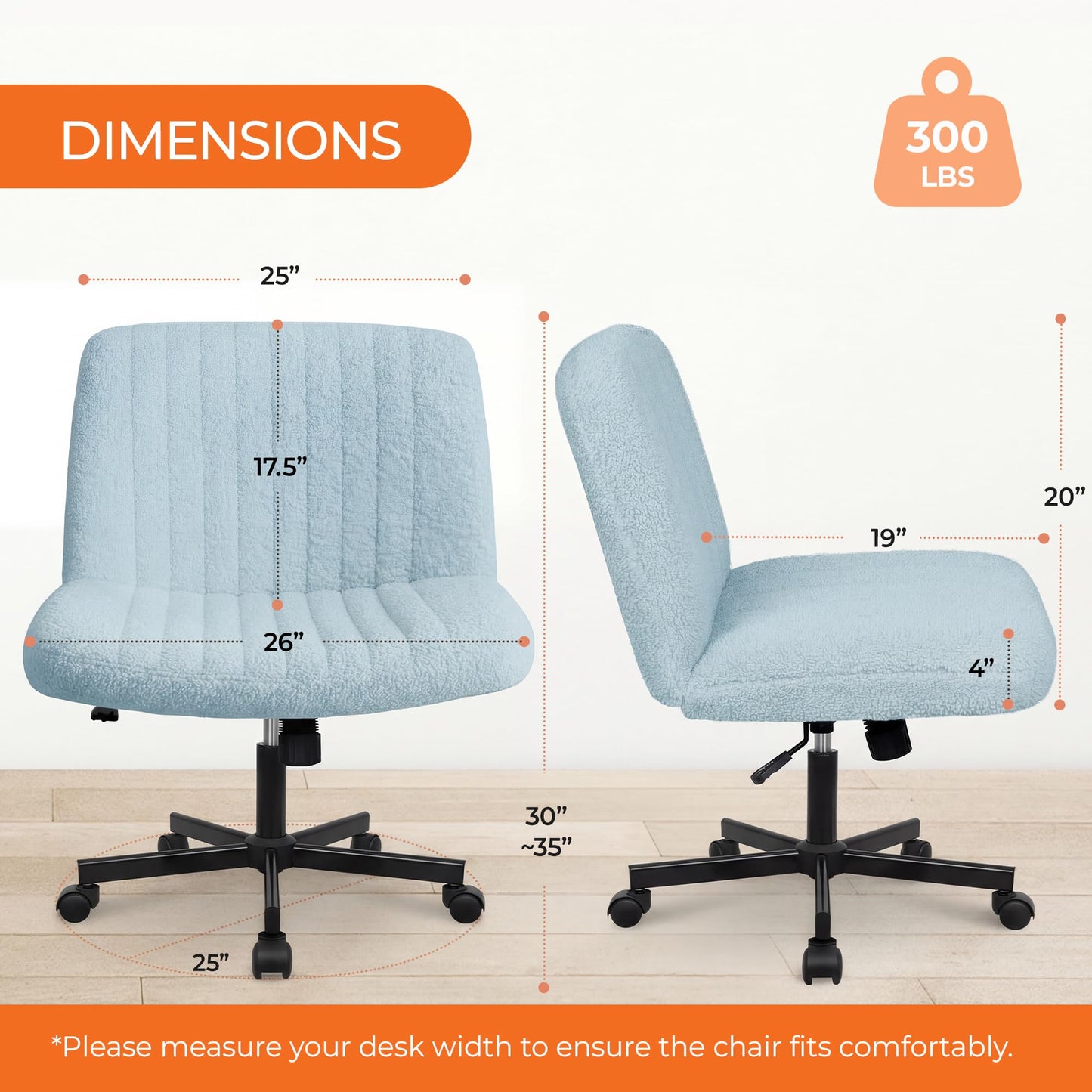 Orange Factory Criss Cross Chair Wheels Vanity Chair Office Desk Comfy Wide Cross Legged Armless Teddy Fabric Adjustable Swivel for Home Computer Task (Blue, Teddy Fleece)