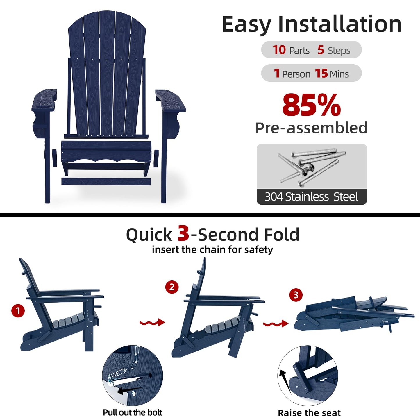 CLOUDEEP Folding Adirondack Chairs, HDPE Plastic Adirondack Chair with Cup Holder Weather Resistant, Wood Texture Outdoor Fire Pit Chairs for Patio Garden,Poolside and Deck, Umbrella Hole, Dark Blue