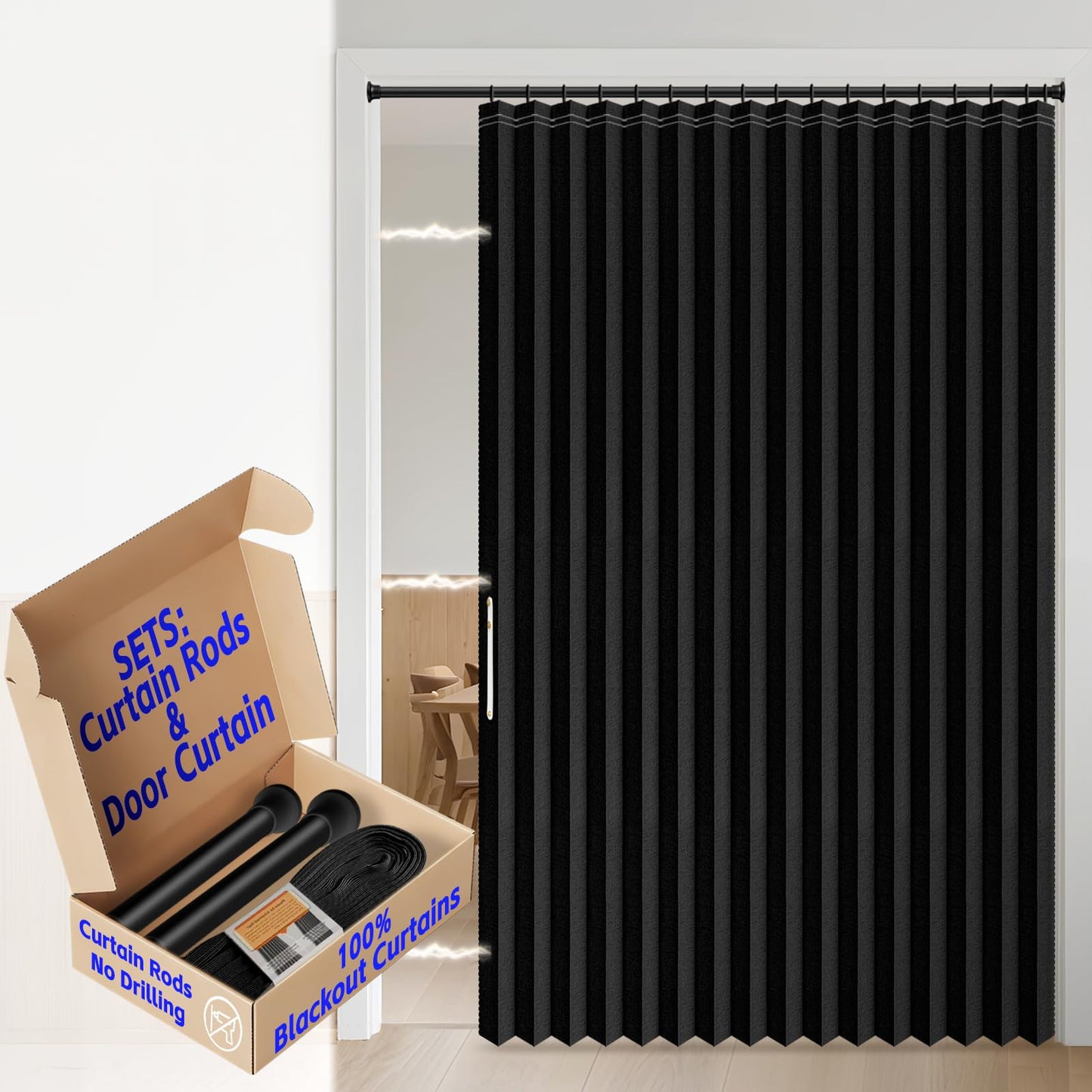 AJAZZ Blackout Sliding Door Curtains with Curtain Rods Included, Magnetic Door Curtain for Bedroom Living Room Doorway Curtain Sets (1 Pack, 72 W x 78 L, Black)