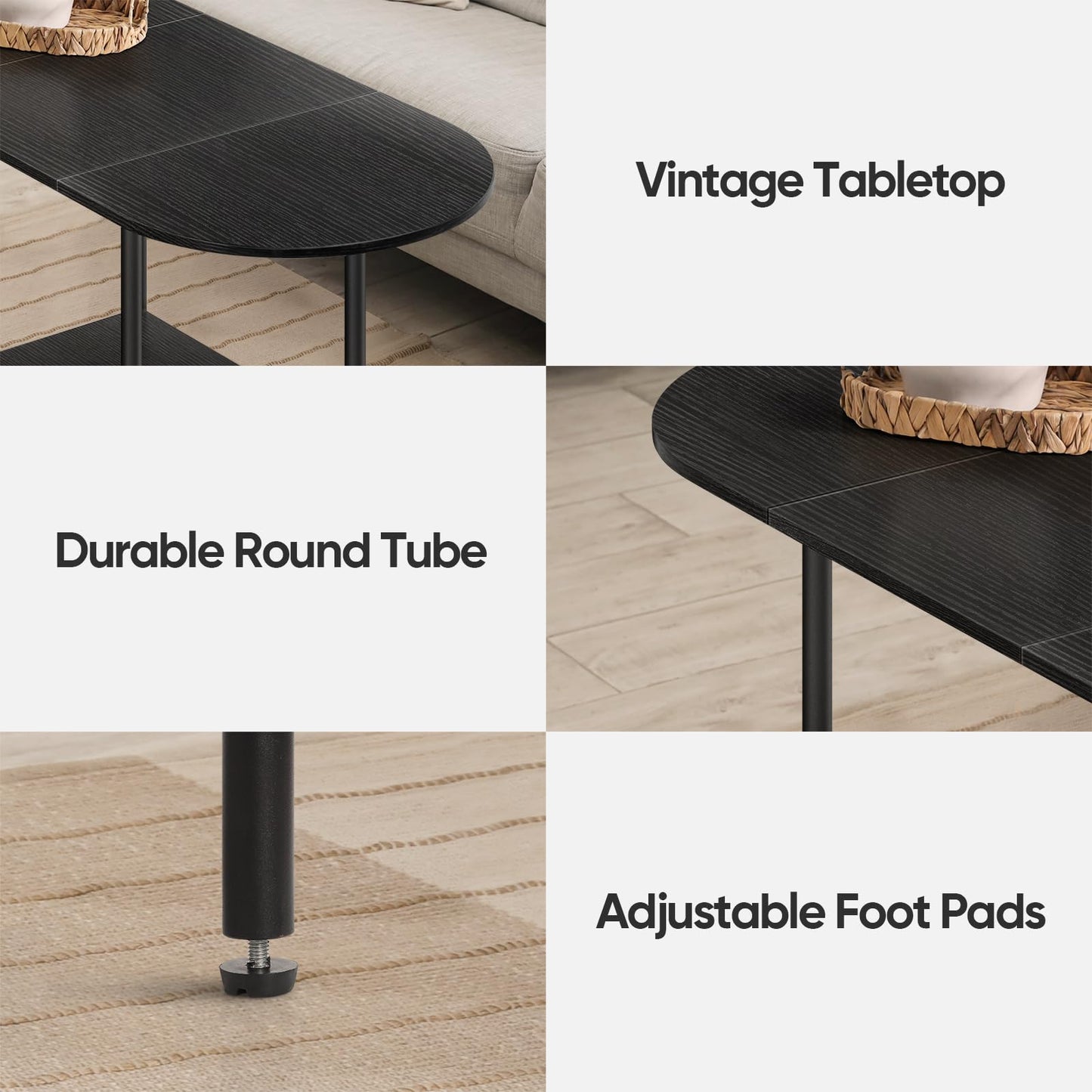 KANEODOT Black Coffee Tables for Living Room,Mid Century Oval Small Center Table with Storage Shelf and Wood Tabletop,2-Tier Farmhouse Low Cocktail Tea Table for Small Space,Apartment