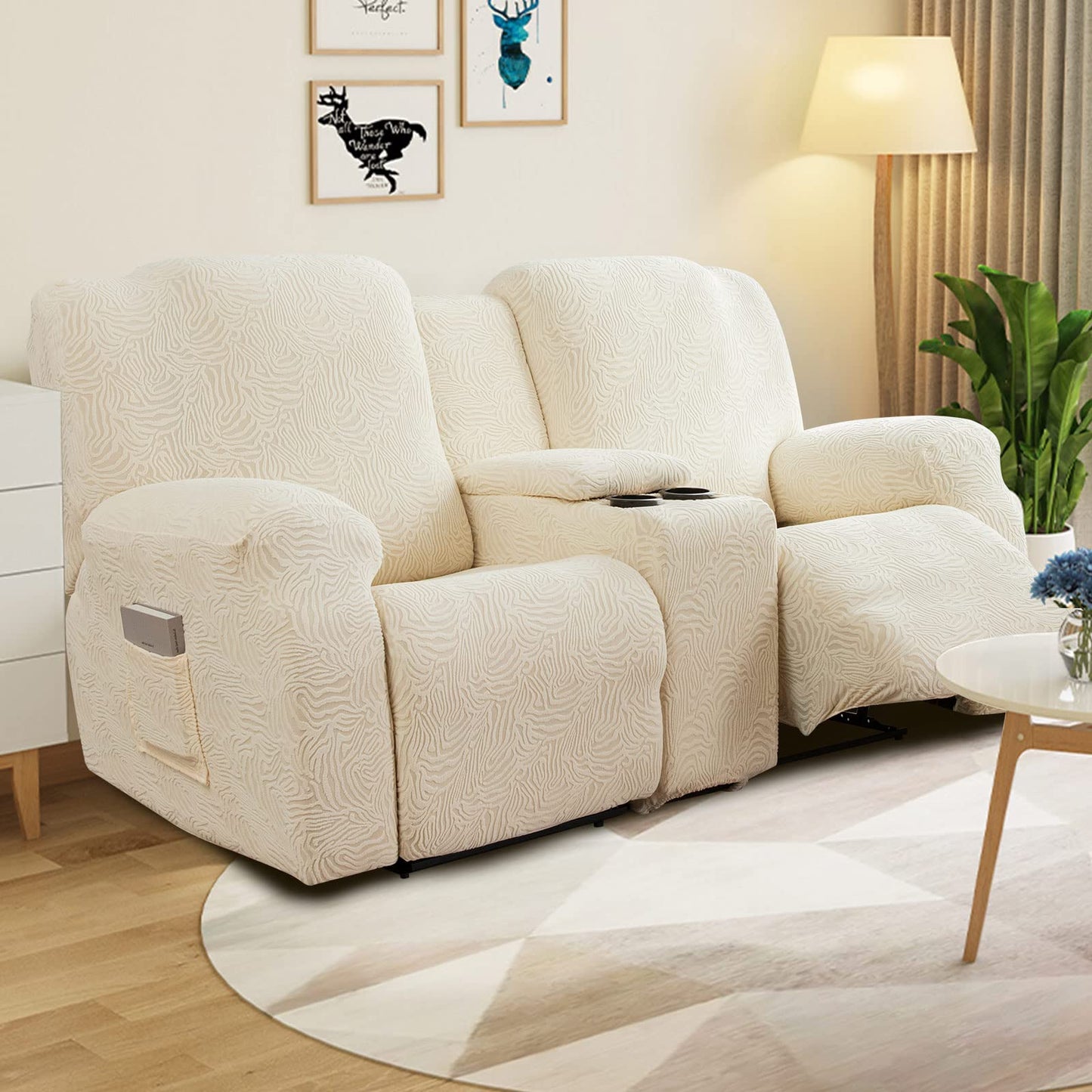 YUEANG Recliner Loveseat Cover with Center Console, 2 Seater Leopard Recliner Sofa Slipcover with Pockets Washable Stretch Reclining Couch Covers Furniture Protector with Elastic Straps (Beige)
