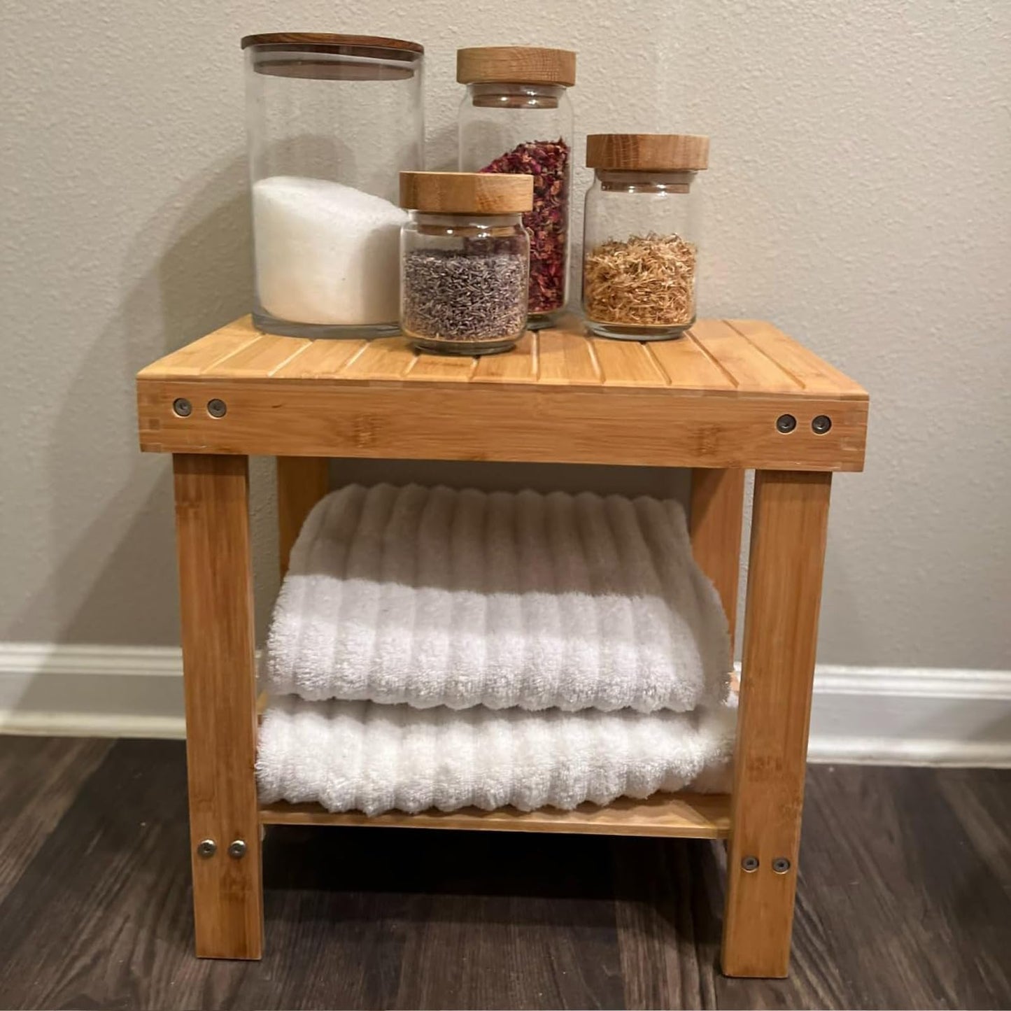 ZEONHAK 2 Pack Bamboo Step Stool, Bamboo Shower Bench, Wooden Shower Foot Stool for Home, Garden, Living Room, Kitchen, Bathroom, Bedroom