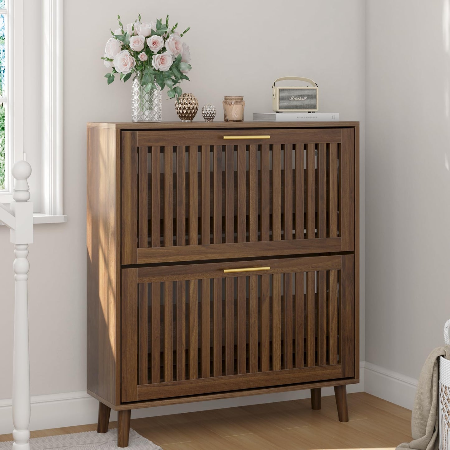 Smart FENDEE 31.5" W Shoe Cabinet Storage for Entryway with 2 Flip Drawers, Shoe Cabinet with Slatted Panel, Hidden Shoe Rack Freestanding Slim Shoes Organizer for Hallway, Entrance, Walnut