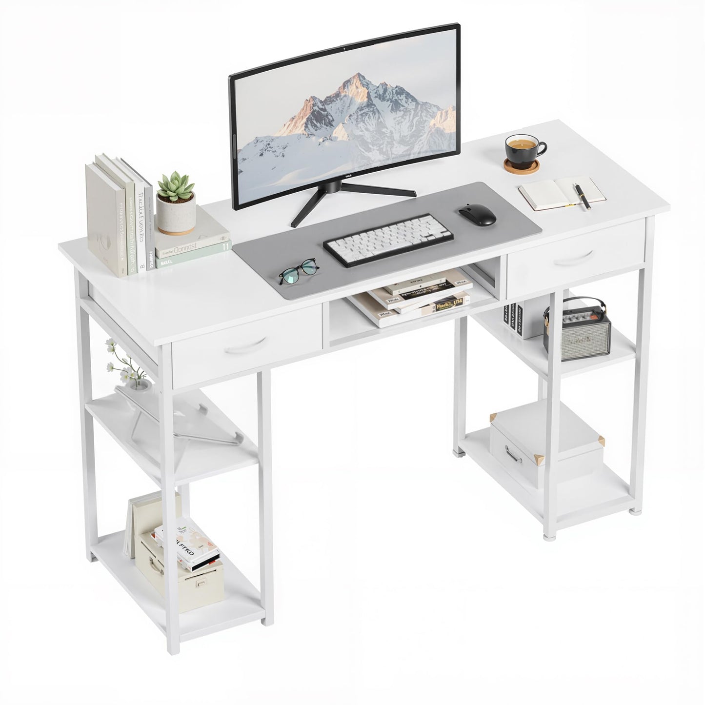 OLIXIS Desk with Storage Fabric Drawers-48 Inch Home Office Computer Desk for Small Space Bedroom,Modern Study Work Gaming Writing Table PC Desks, White