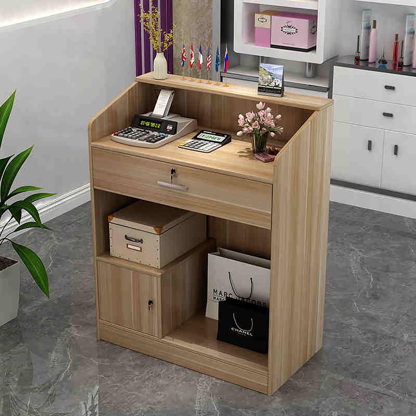Modern Reception Desk with Lockable Drawers & Storage Cupboard, Small White Reception Desk with Lockable Drawers - Perfect for Convenience Stores, Clothing Boutiques, Hair & Beauty Salons, H