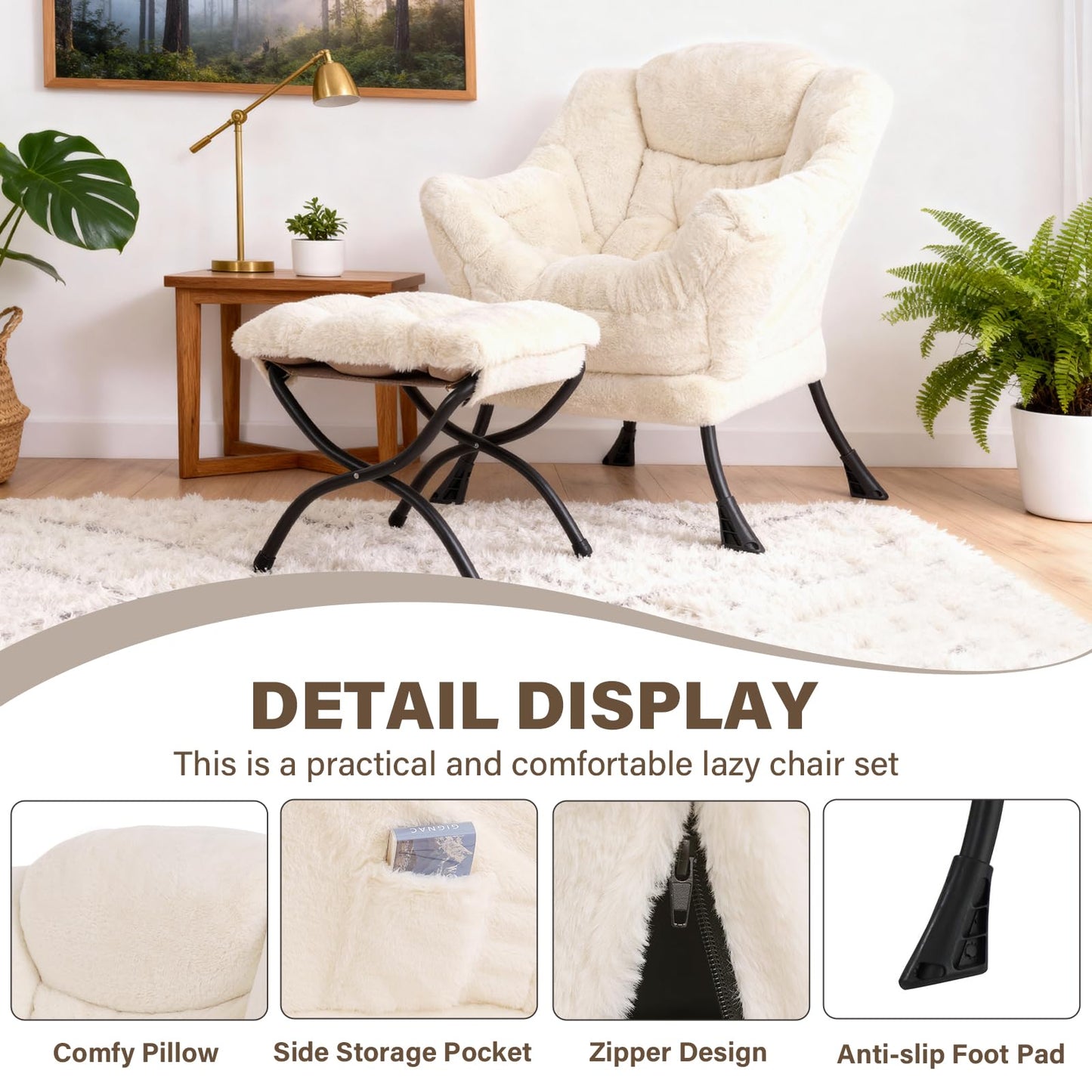 SESHINELL Lazy Chair with Ottoman, Modern Accent Chair Sofa Chair with Armrests, Reading Chair and Folding Footstool for Living Room, Bedroom, Office, Plush Beige