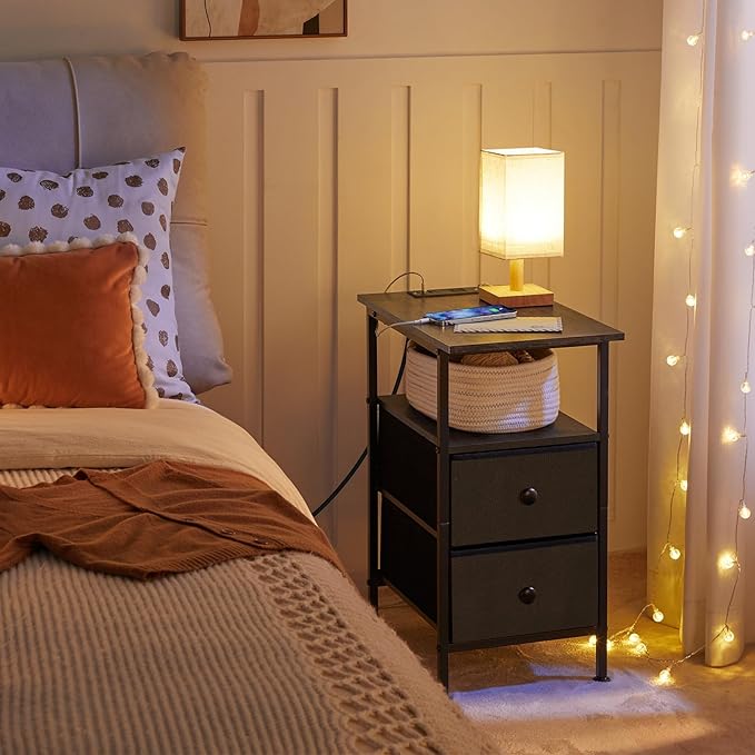 HOOBRO End Table with Charging Station, Narrow Side Table, Nightstand with 2