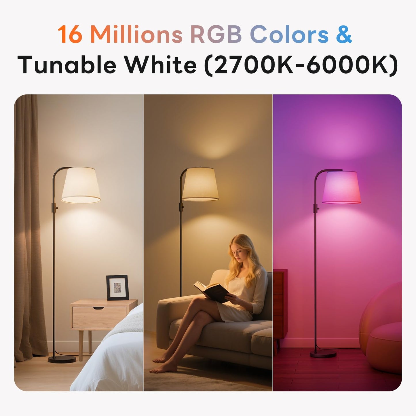 VARICART Smart Arc Floor Lamp, 65" Compatible with Alexa & App Control, RGB Color-Changing & 2700K-6000K, 1%-100% Dimmable, Music Sync, 1200lm, 350° Swivel Woven Linen Shade, No Registration Required