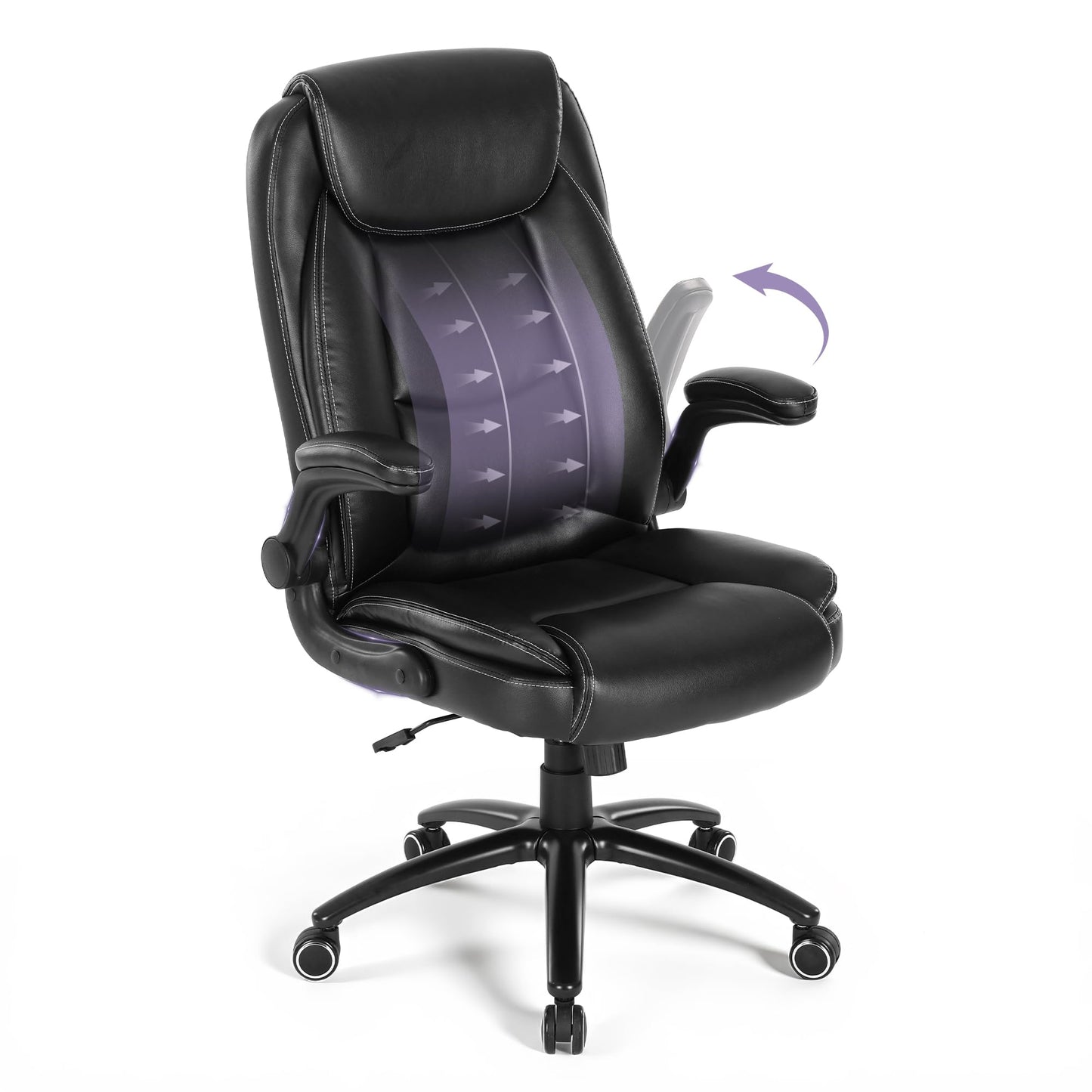 MALOL PU Leather Ergonomic Office Chair -Adjustable Height & Tilt Tension, 300lbs Thick Padded Seat Executive Desk Chair with Flip-Up Armrests & Reclining Backrest, Black