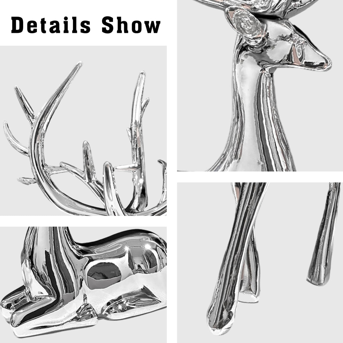 2PCS Silver Christmas Reindeer Figurines, Resin Elk Sculpture Statues, Standing Sitting Reindeer Statues, Xmas Ornaments for Home Living Room Office TV Cabinet, Ideal Christmas/New Year Seasonal Gift