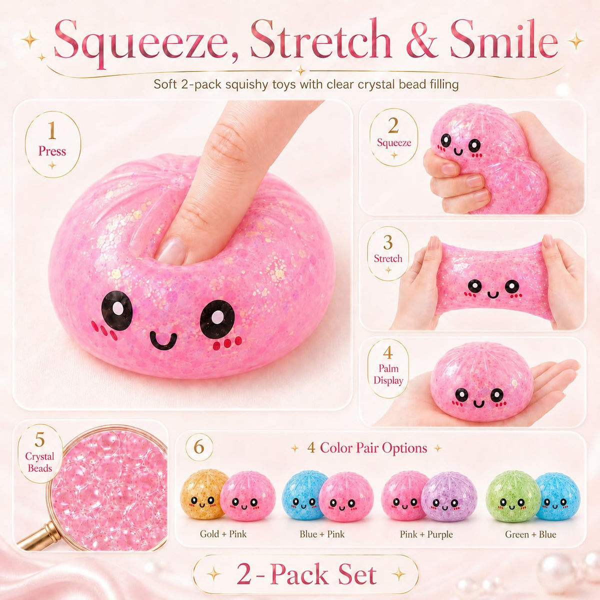 Glitter Dumpling Squishy with Mystery Box, Water Squishy Bead Texture, Colorful Stress Balls Fidget Sensory Toy, Steamer Box, Squeeze Toys for Adults, Gold Glitter, Crystal Clear Look (Gold+Pink)