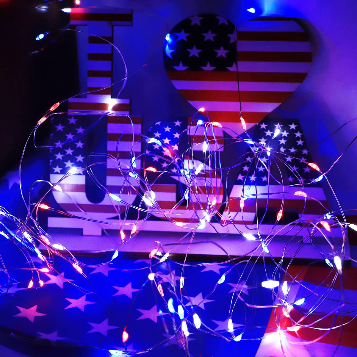 Curyidy 4th of July String Lights Independence Day Decorations, 4 Pack 100LED Copper Patriotic Lights Waterproof Fairy Lights for Fourth of July, Patriotic, Memorial Day Decor- Red White Blue