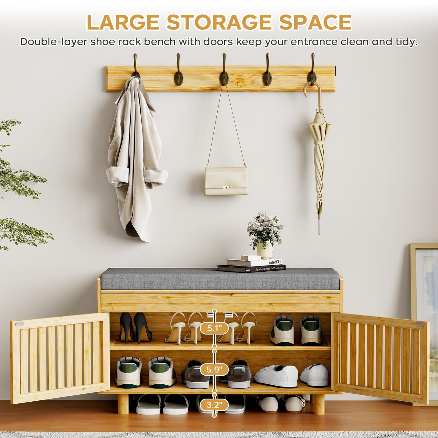Shoe Storage Bench Coat Rack Set, 35.4" Bamboo Shoes Bench with Lift Top Hidden Storage & Wall Hooks, Hall Tree Entryway Bench with Seat Cushion, 2-Tier Shoe Cabinet for Entryway, Living Room, Bedroom