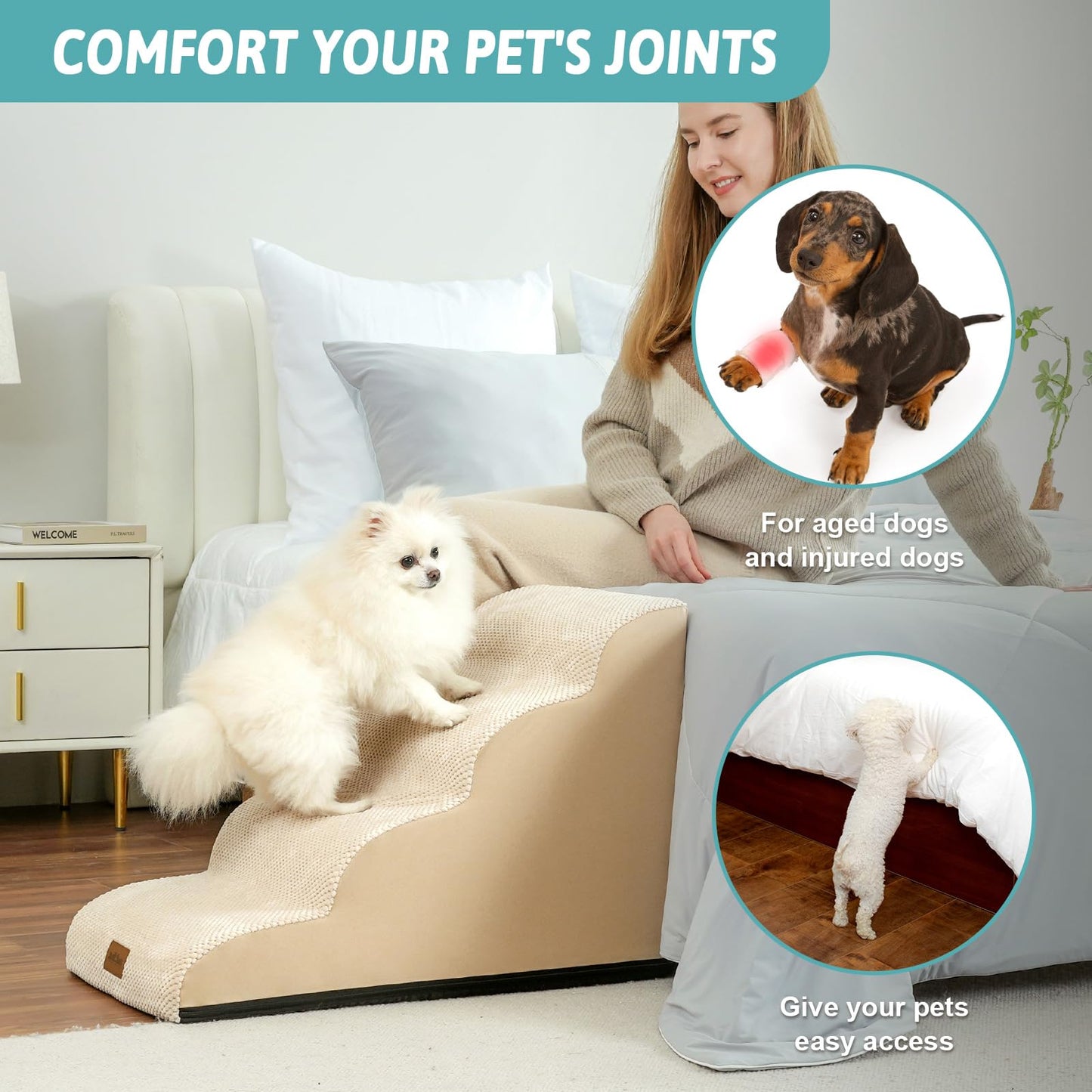COZY KISS Dog Stairs for Small Dogs 19.7" H, Curved Dog Step for Puppy, Older or Cat, Medium Pet Ramp for Sofa, Couch or Bed, Ladder with High Density Foam, 4 Step, 15.7x28.3x19.7 inch, Beige