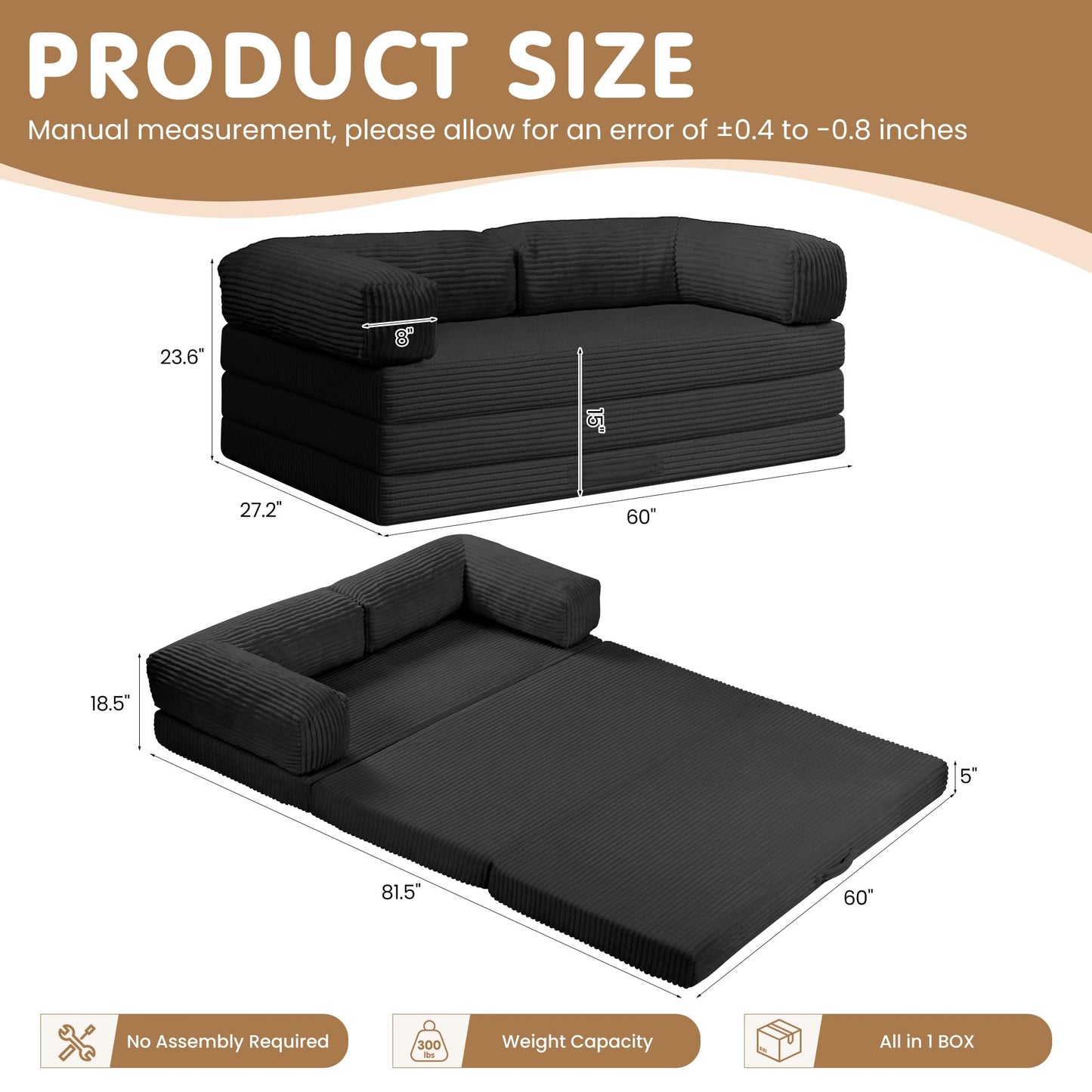 Convertible Sofa Bed Queen,5-in-1 Tri-Fold Boneless Couch with Removable Armrests & Handle,Corduroy Futon Sleeper Sofa,Floor Folding Mattress Pull Out Bed for Small Space Living Room Bedroom,Black