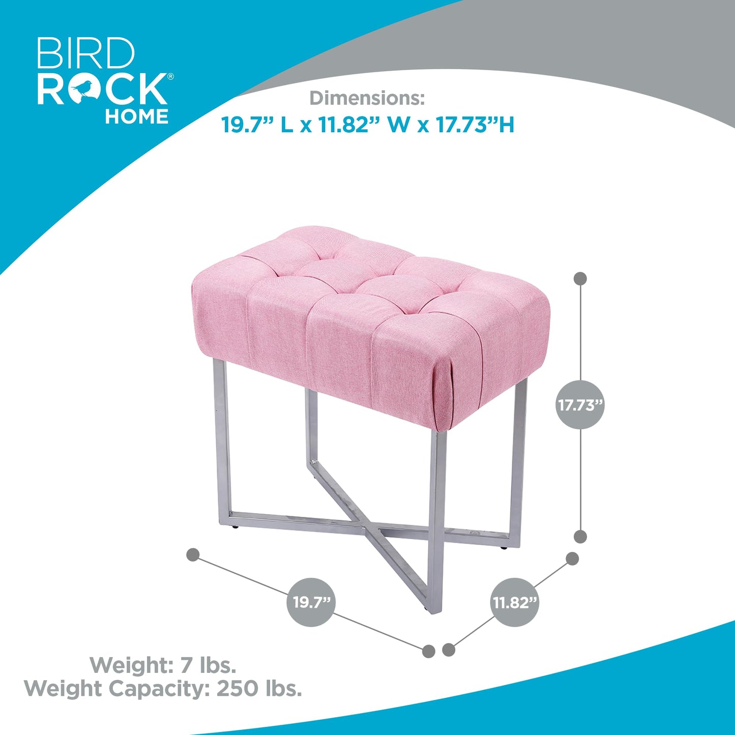 BIRDROCK HOME Rectangle Tufted Linen Ottoman Foot Rest - 19.7x11.82x17.73” Small Foot Stool with Legs - Padded Footrest Modern Ottomans for Living Room Furniture, Bedroom Footstool (Pink)