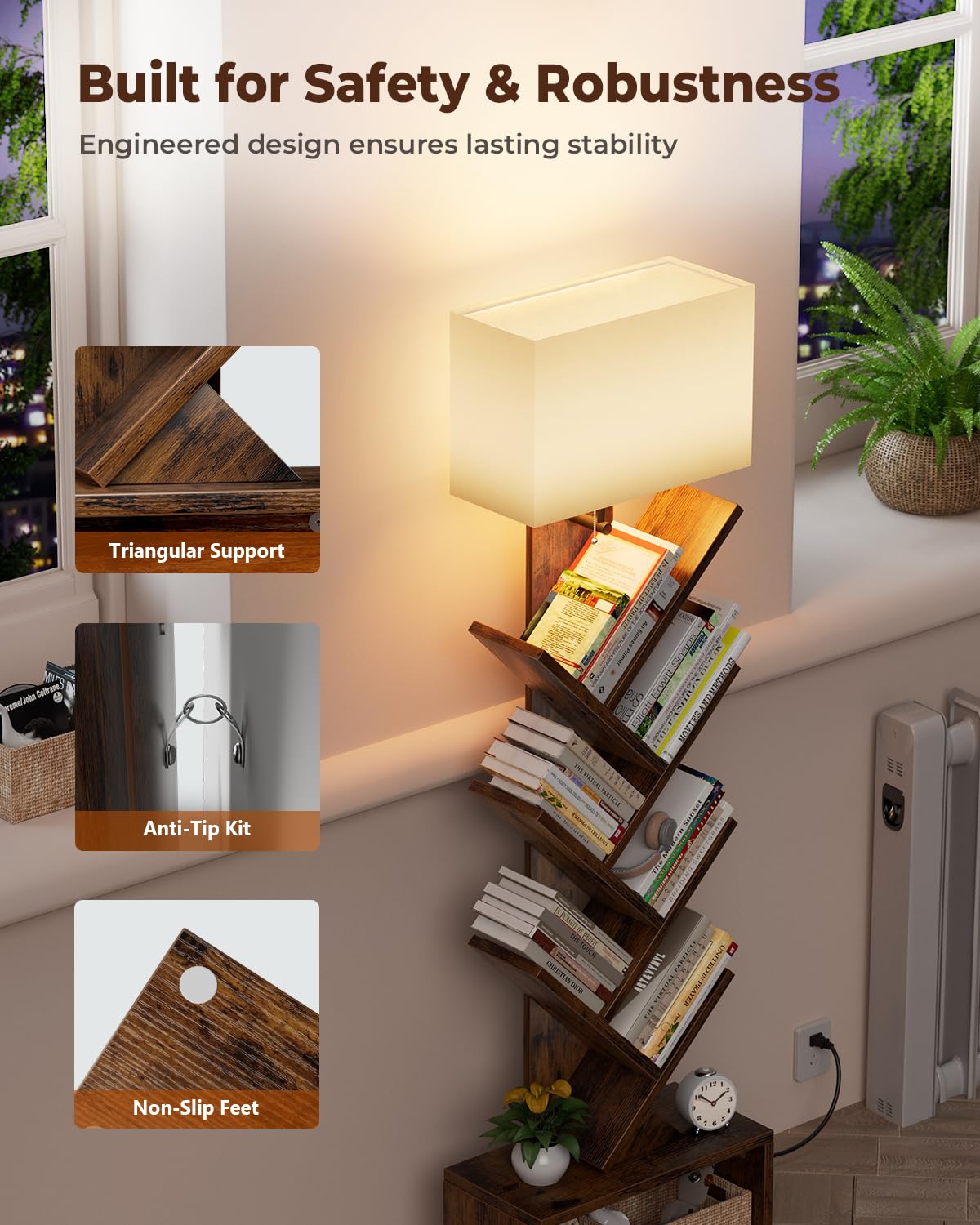 Evermagin 6 Tier Tree Bookshelf with Light, Narrow Bookcase Tower, Tall Floor Standing Book Organizer with Storage Cabinet for Living Room, Bedroom and Home Office, Rustic Brown