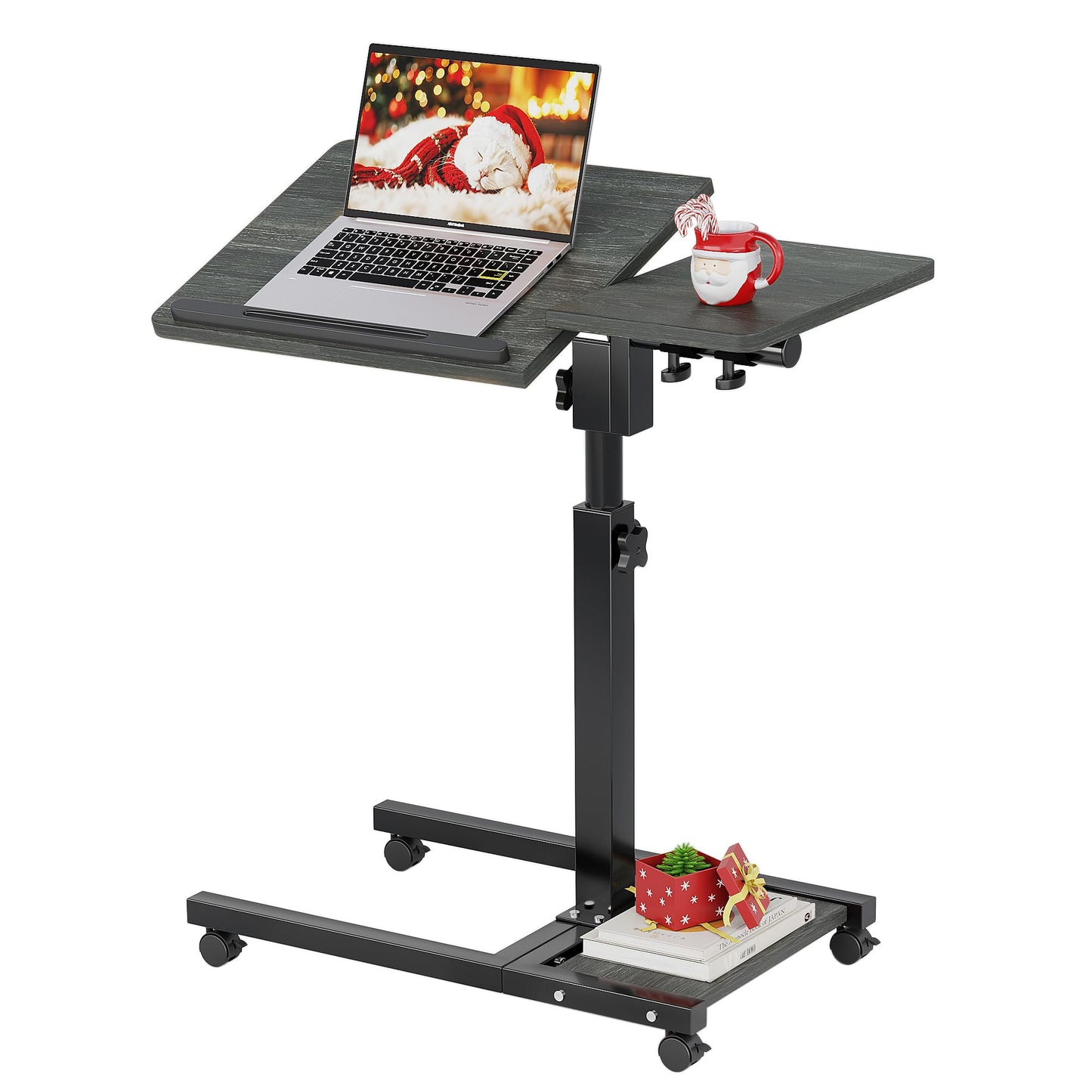 Furist Overbed Table with Wheels Adjustable Height, Mobile Standing Stand Up Rolling Laptop PC Desks with Tilting Top Height Tray Side Computer Workstation for Bedroom on Hospital Home Use, Black