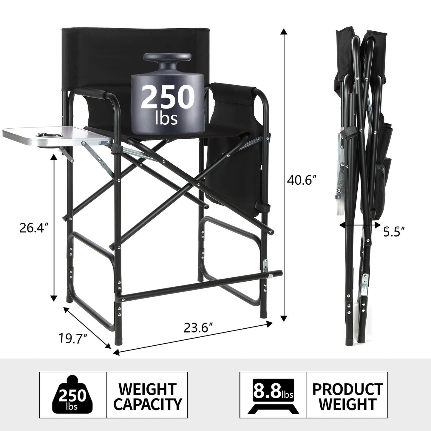 GDGYOFN Aluminum Tall Directors Chairs Foldable, 41'' Makeup Chair for Makeup Artist with Side Table Cup Holder Storage Bag and Footrest, Weighs Only 8.8lb, 250lbs Capacity