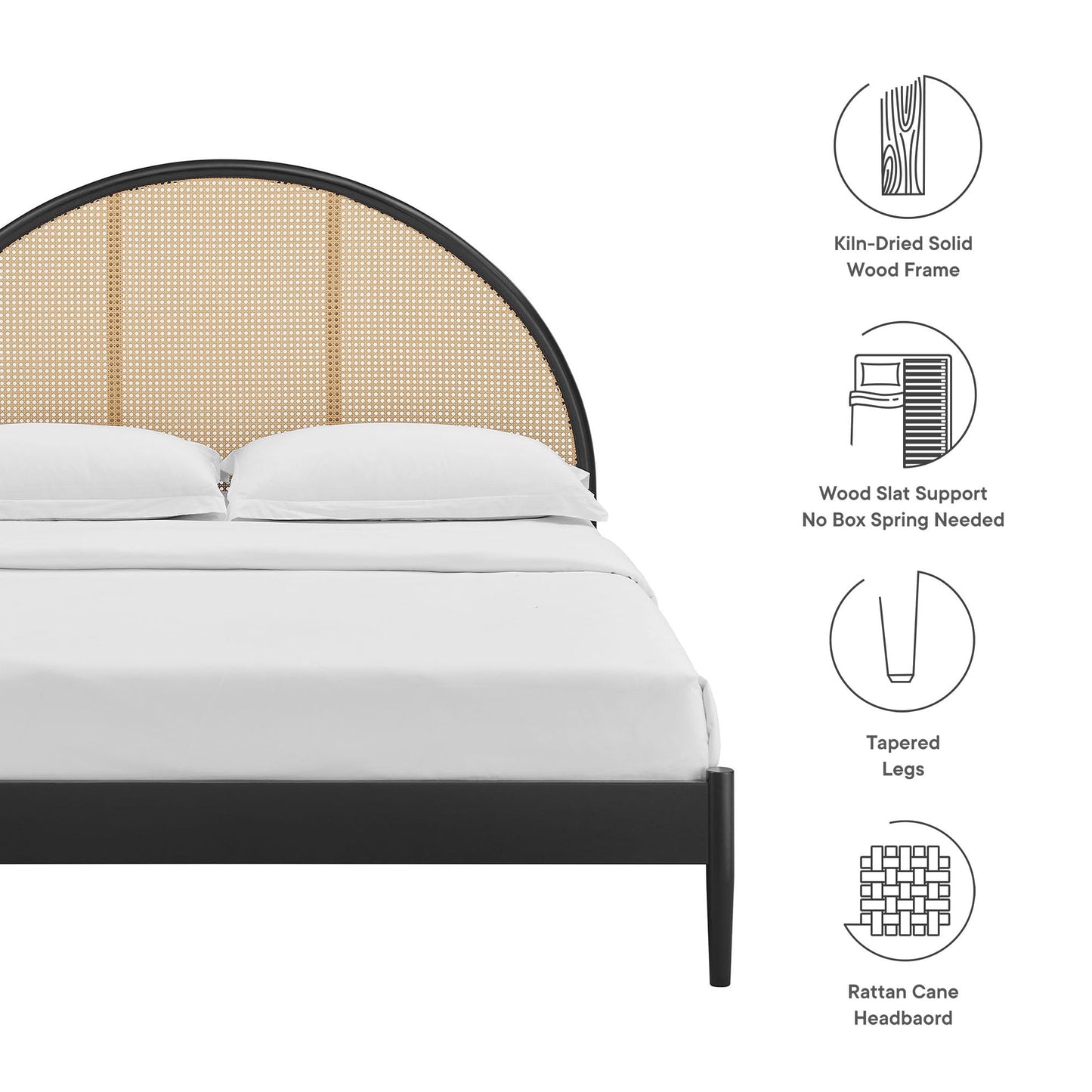 Modway Odette Arched Queen Platform Bed in Black with Rattan Cane Headboard – Wooden Queen Half Moon Bed Frame – Mid-Century Modern Queen Size Platform Bed Frame