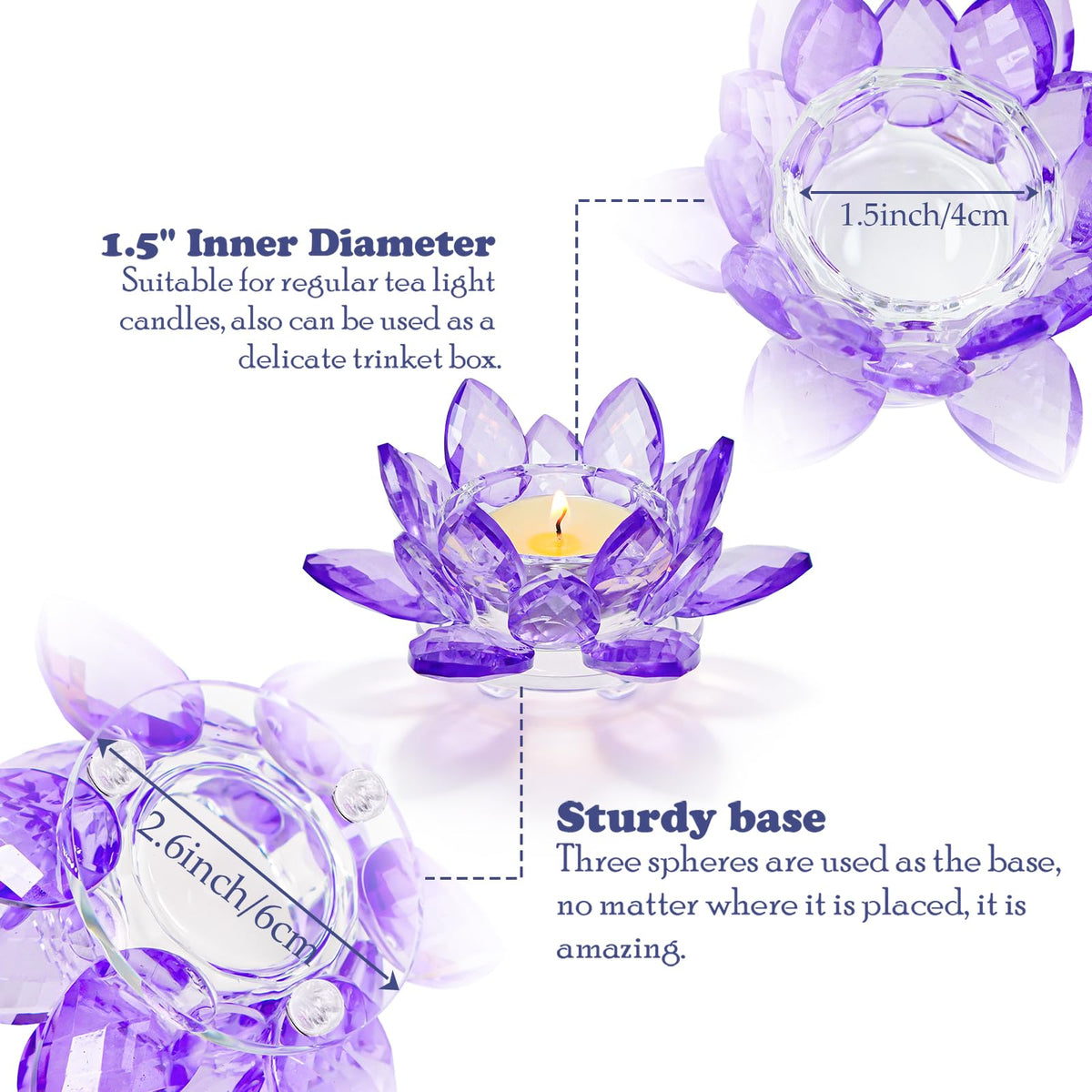 Kolnlala 2 Pcs Purple Crystal Lotus Flower Tealight Candle Holder | Glass Votive Candlestick Decor for Home, Wedding, Party & Christmas Table Centerpieces