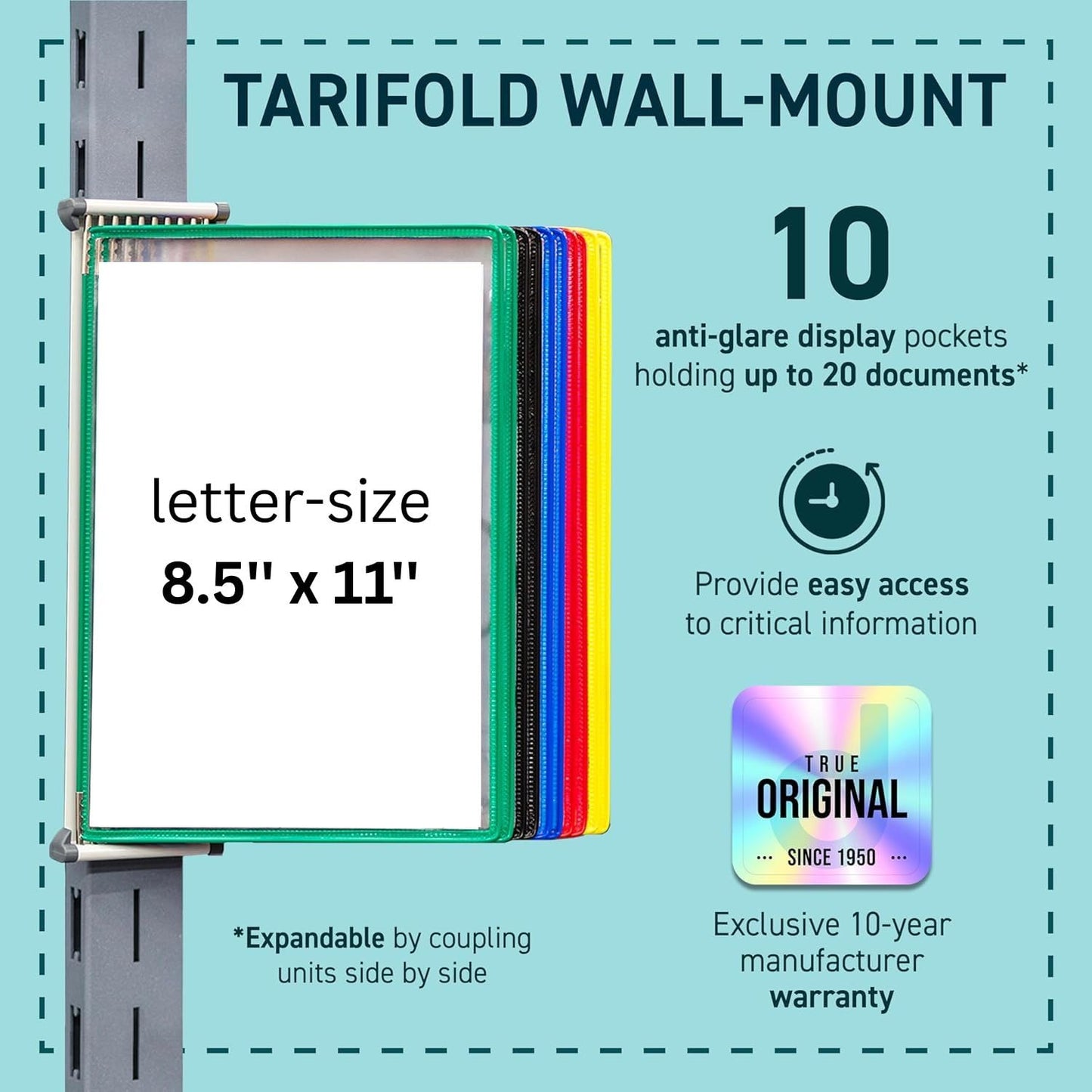 Tarifold Wall Mount Reference Organizer & Display System, 10 Double-Sided Pockets, 20 Sheet Capacity, Durable Steel Wire Frames, Letter Size, Made in France, Assorted