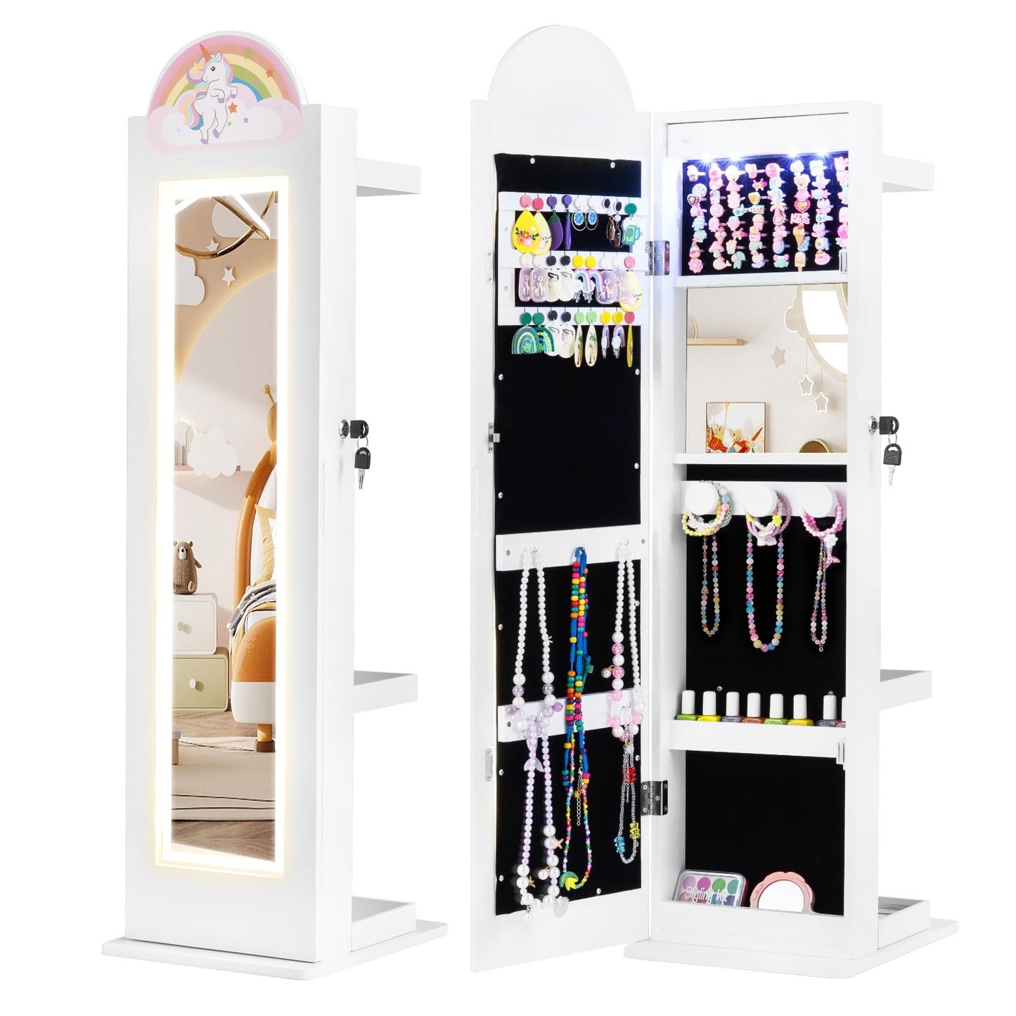 INFANS Kids Jewelry Armoire Cabinet with LED Lights, Lockable Standing Organizer with Full-length Mirror, Unicorn Theme Children Vanity Dress Up Storage Rack for Girls