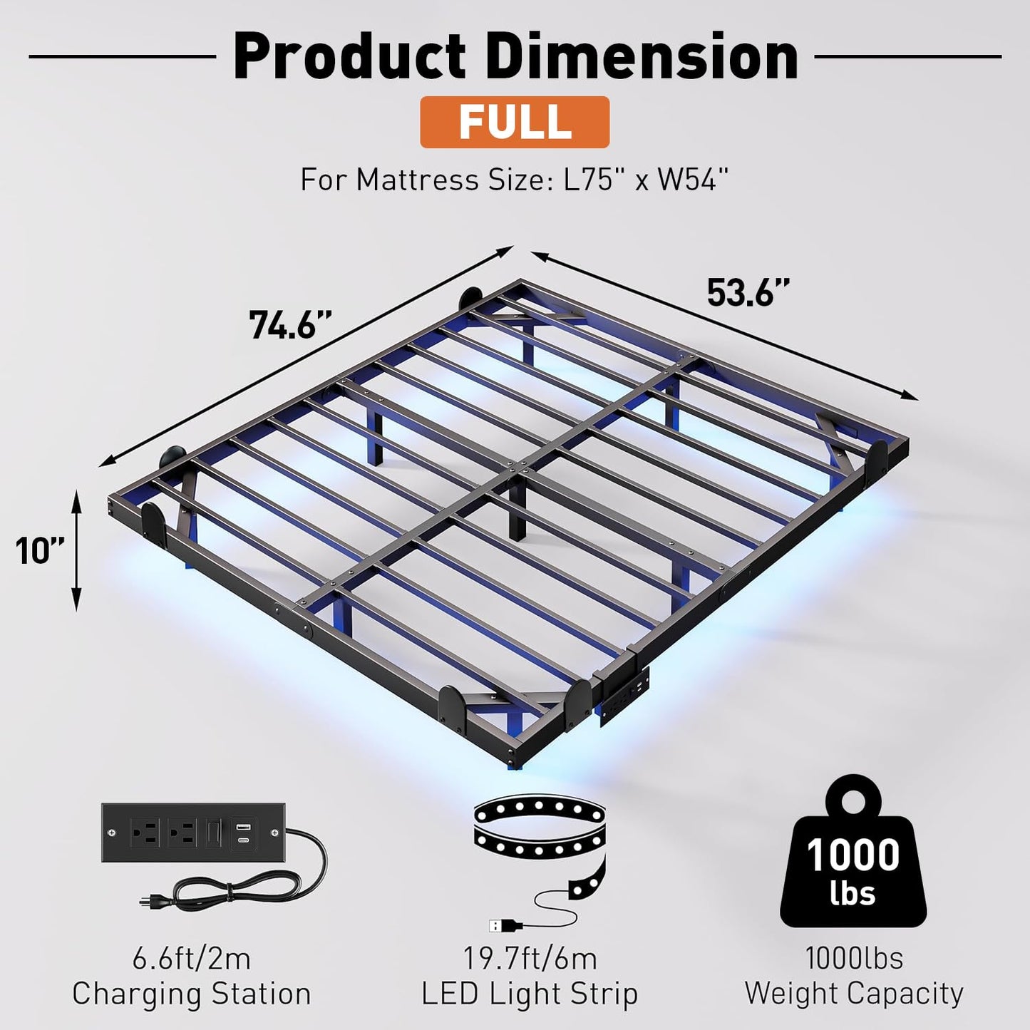 AGXI Floating Bed Frame with LED Lights and Charging Station, 10 Inch Floating Bed Frame Full, Metal Platform Full Bed, No Box Spring Needed, Easy to Assemble