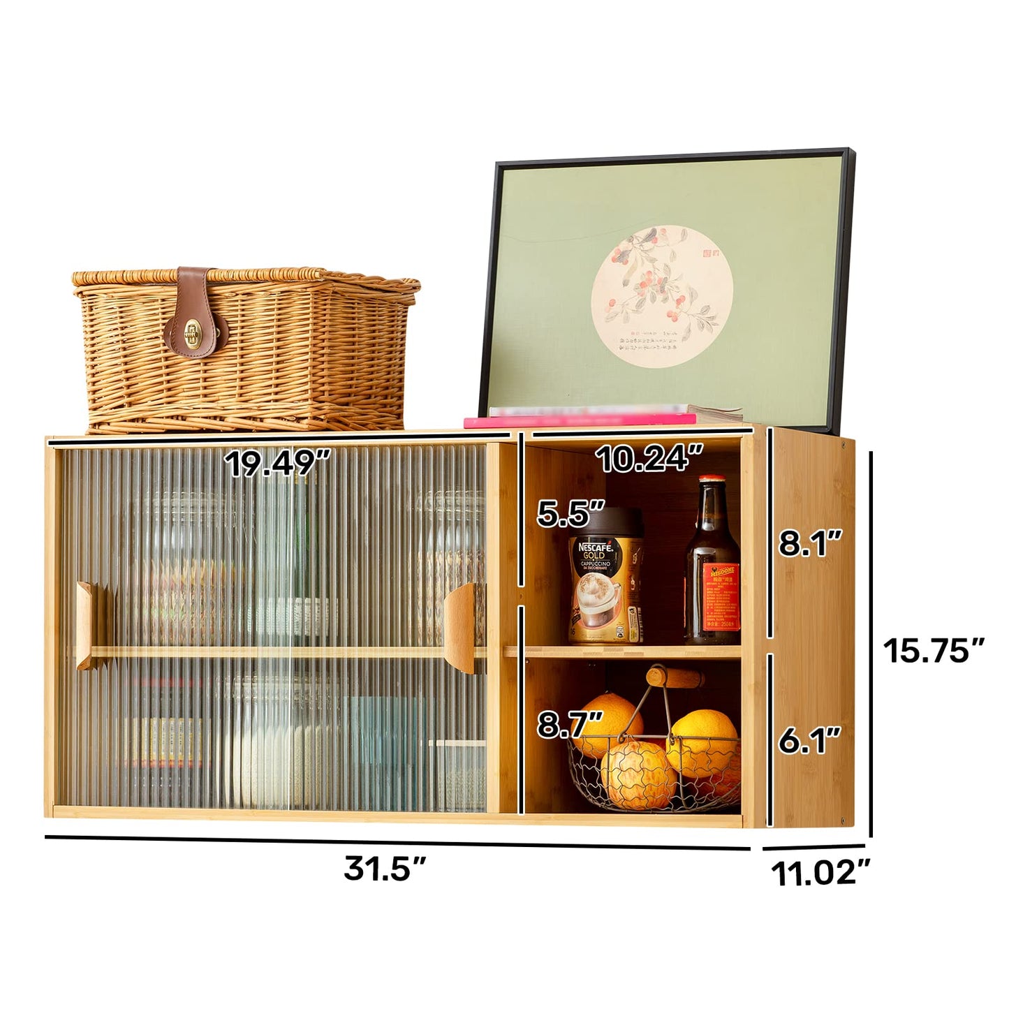 HollyHOME Bamboo Wall Mounted Kitchen Pantry Sideboard with 2 Doors and Adjustable Shelves, Freestanding Wall Storage Cabinet with Shelf for Bottle, Dish, Bowl, Console Dining Cupboard, Burlywood