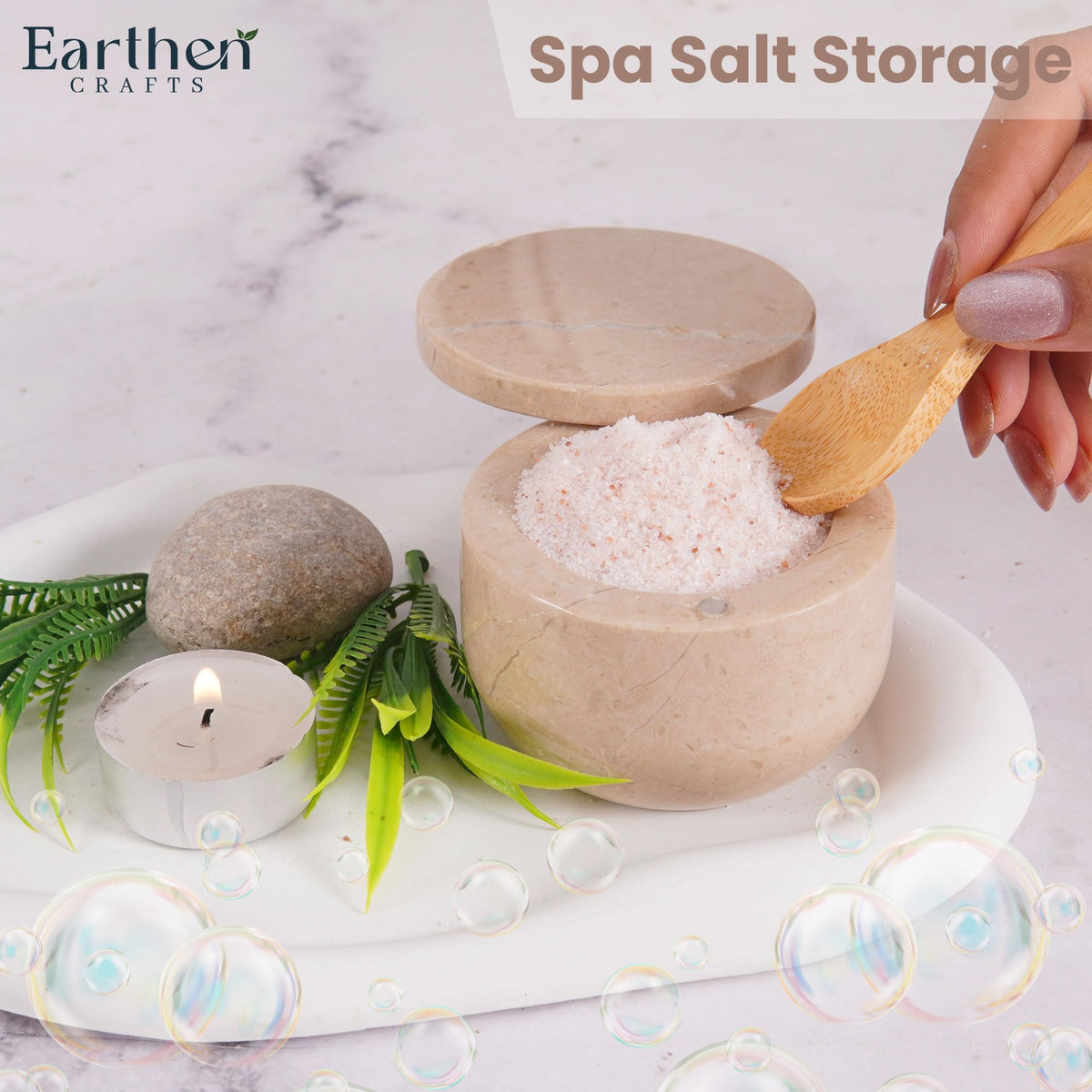 EARTHEN CRAFTS Marble Salt Cellar with Swivel Lid 3 Inch Beige Stone Mini Salt Box for Kitchen Counter with Magnetic Closure, 2.5 OZ Capacity, Ideal for Kosher Salt and Gourmet Seasonings